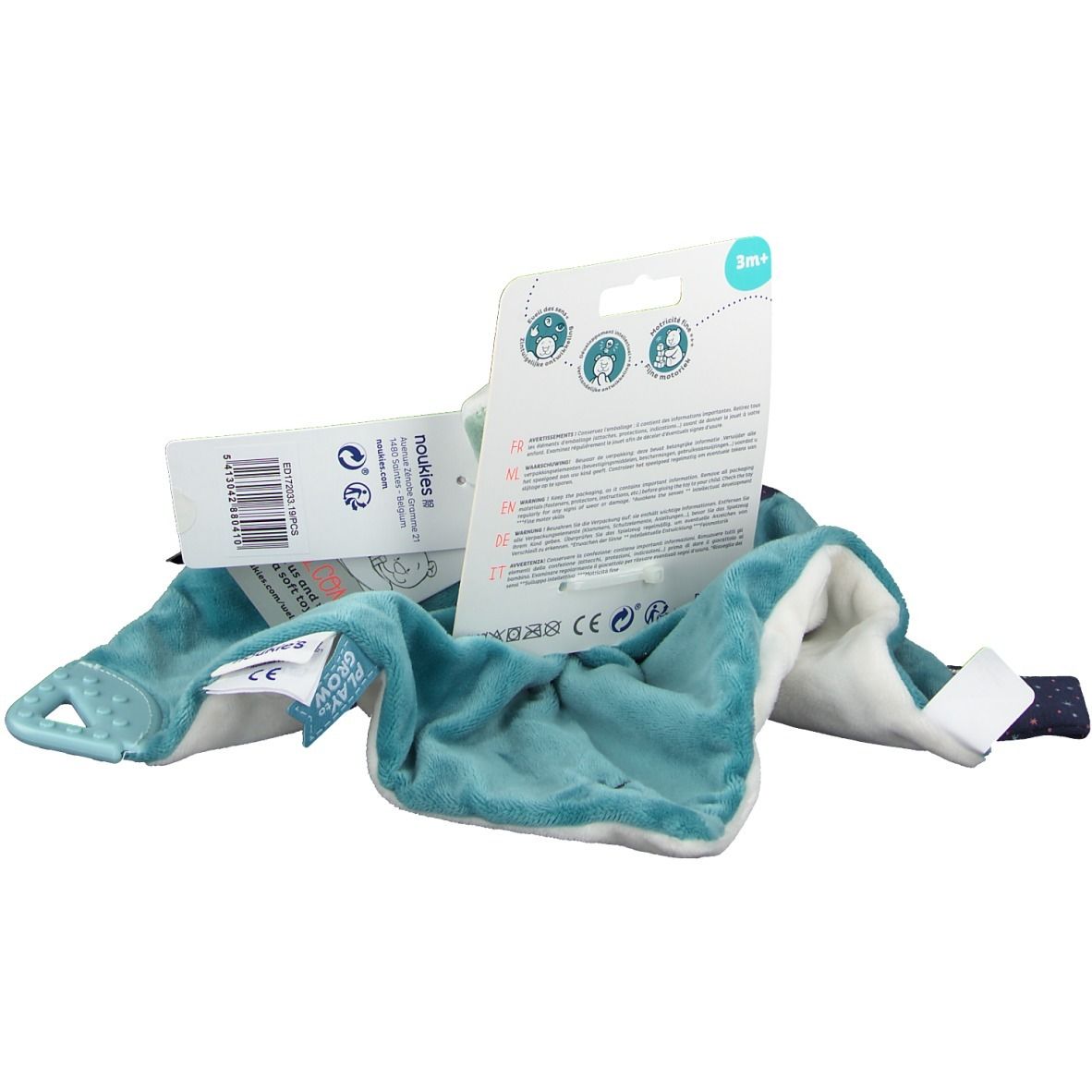 Doudou, vue arrière. Bleu-turquoise, avec étiquettes et informations produit. Emballage.