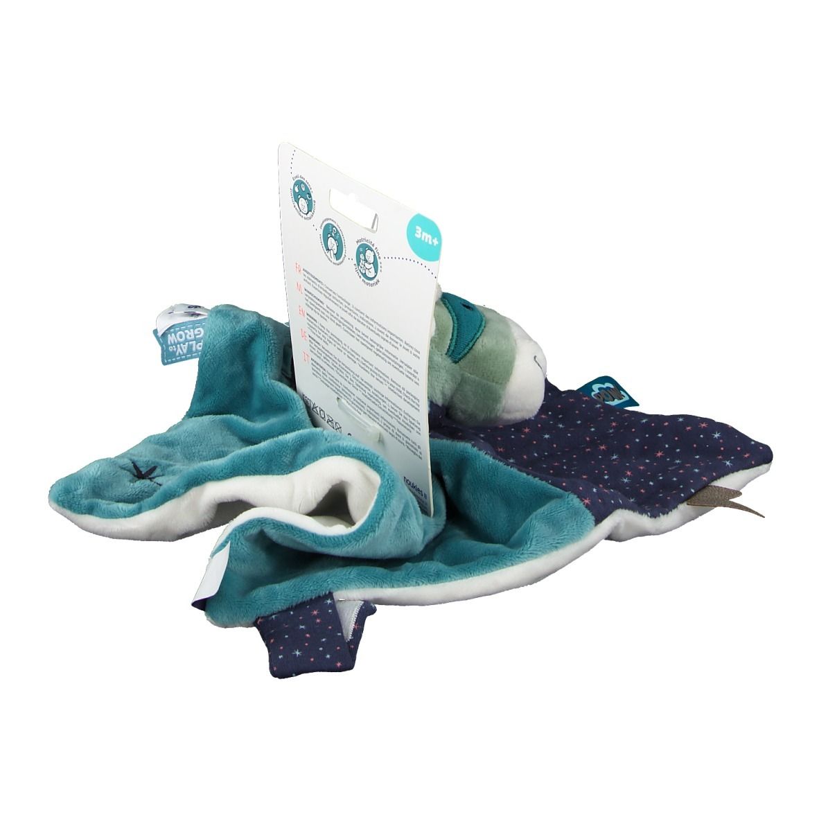 Doudou, vue latérale. Bleu-turquoise, avec étiquettes et informations produit. Emballage.