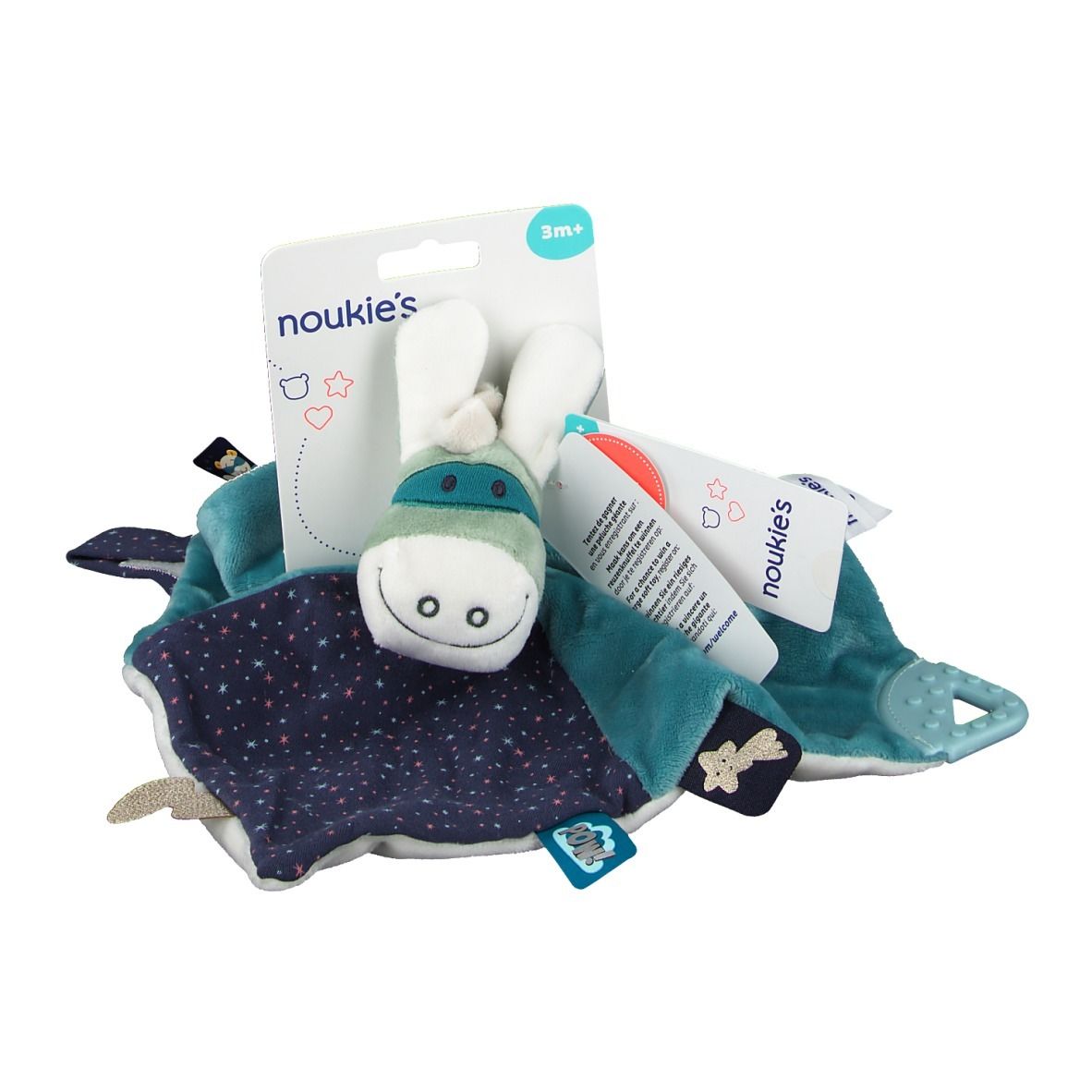 Doudou avec tête d'animal. Bleu-turquoise, motif étoiles. Étiquette avec informations produit.