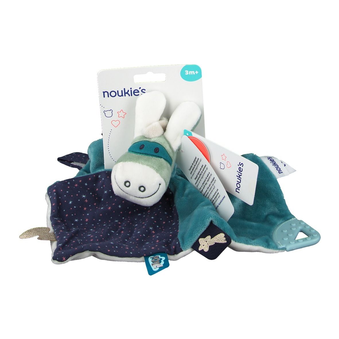 Doudou avec tête d'animal. Bleu-turquoise, motif étoiles. Étiquette avec informations produit.