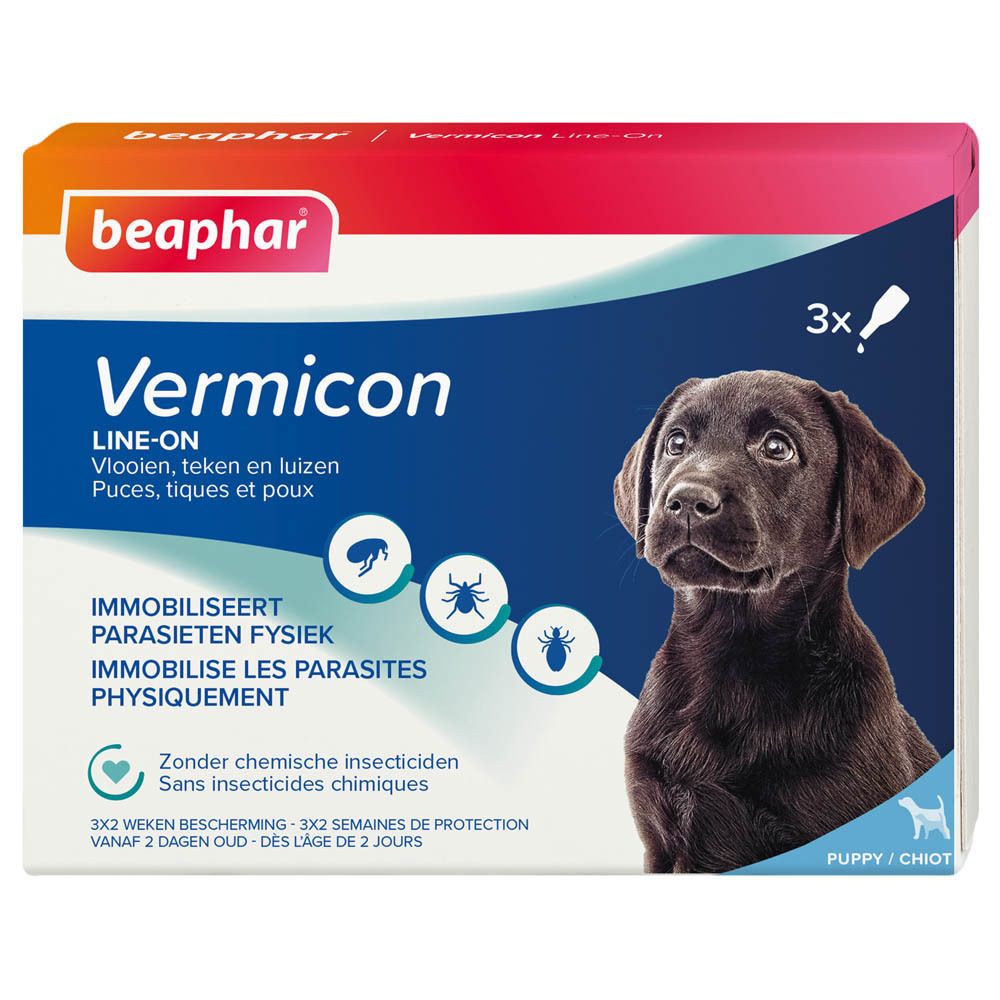 Beaphar Vermicon Line-on. Emballage avec image du produit et photo de chiot. Contient 3 pipettes.