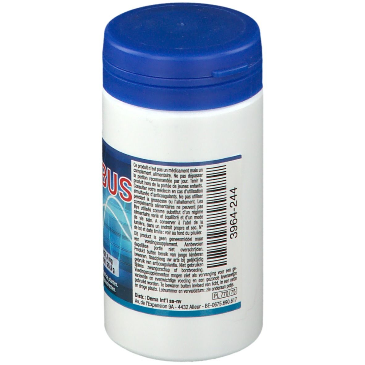 Boîte blanche avec couvercle bleu. Dos avec texte et code-barres. Nom du produit non visible.