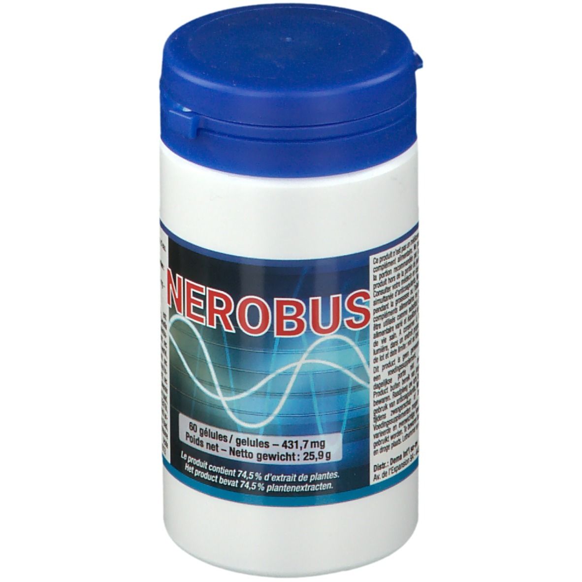 Boîte blanche avec couvercle bleu. Inscription "NEROBUS" et motif ondulé. Contient 60 gélules.