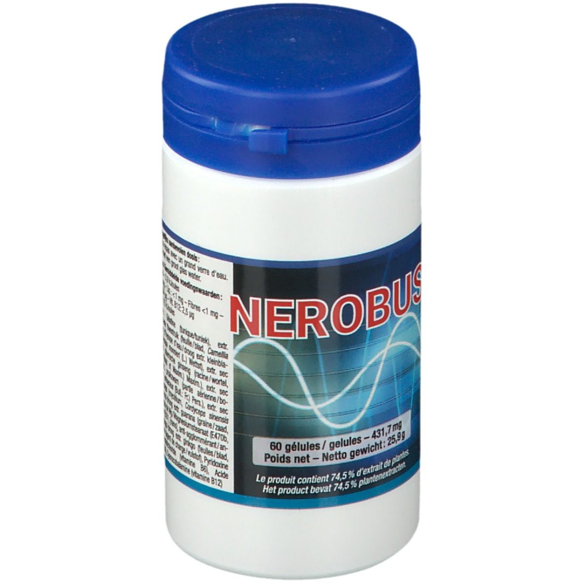 Boîte blanche avec couvercle bleu. Inscription "NEROBUS" et motif ondulé. Contient 60 gélules.