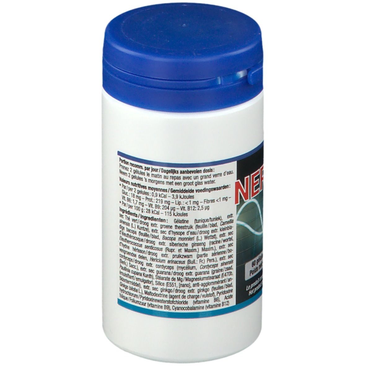 Boîte blanche avec couvercle bleu. Inscription "NEROBUS" et motif ondulé. Contient 60 gélules. Dos avec texte.