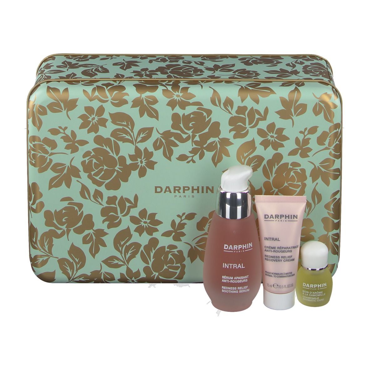 Coffret cadeau floral, contenant sérum, crème et huile. Marque : DARPHIN.