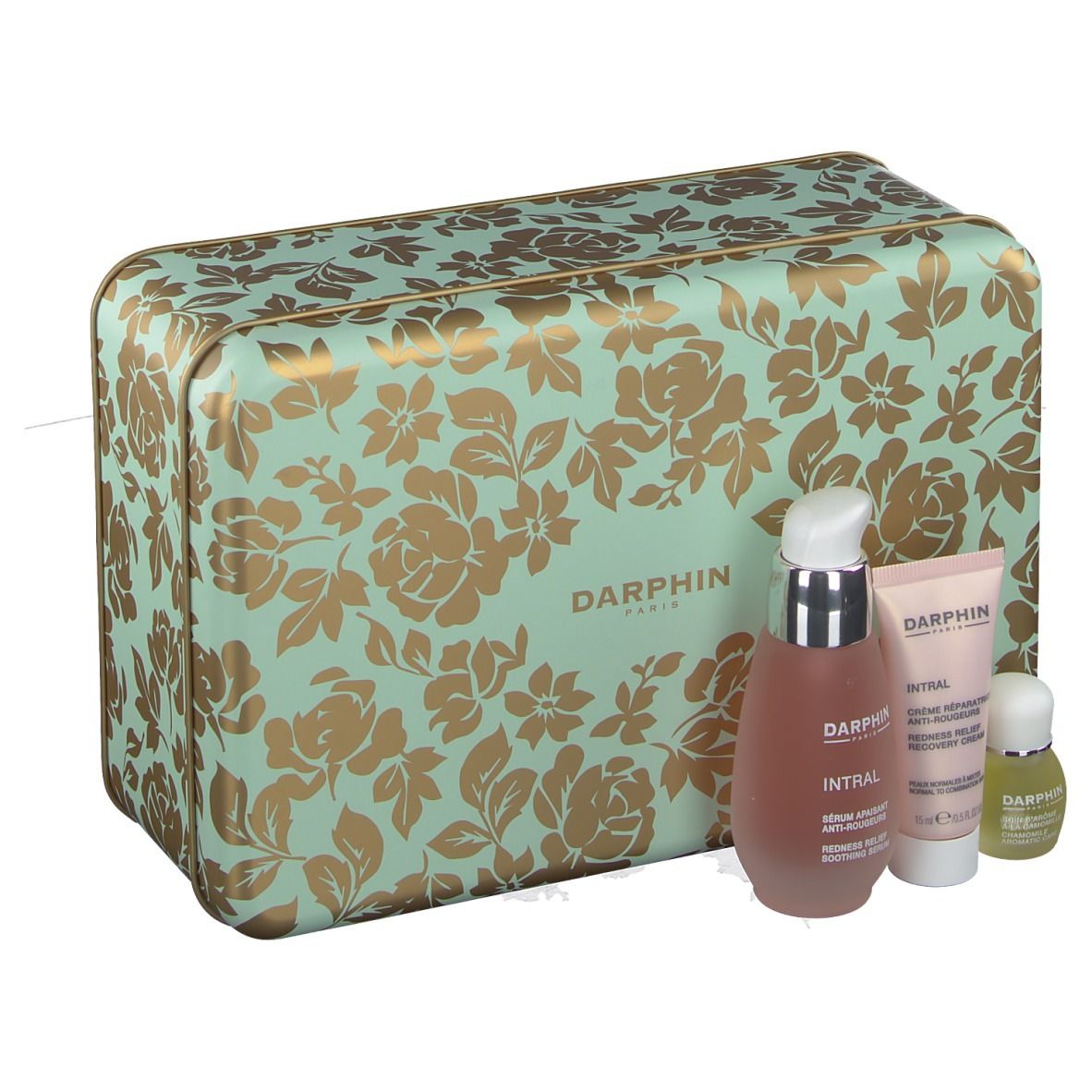 Coffret cadeau floral, contenant sérum, crème et huile. Marque : DARPHIN.