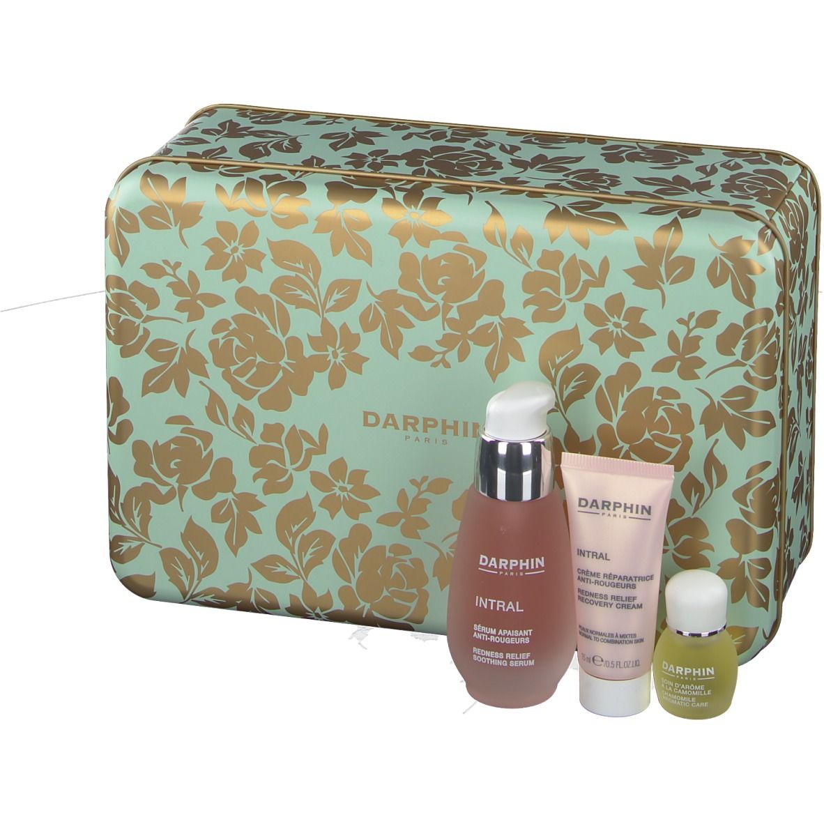 Coffret cadeau floral, contenant sérum, crème et huile. Marque : DARPHIN.