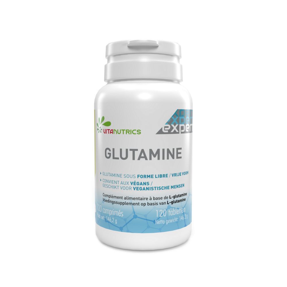 Flacon blanc de Vitanutrics Glutamine, 120 comprimés. Inscription : Glutamine, Expert.
