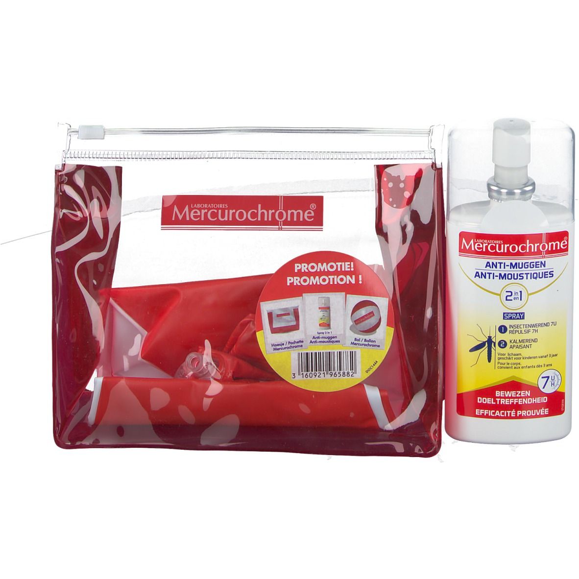 Mercurochrome® Spray Anti-moustiques 2 en 1 + Ballon de plage + Pochette