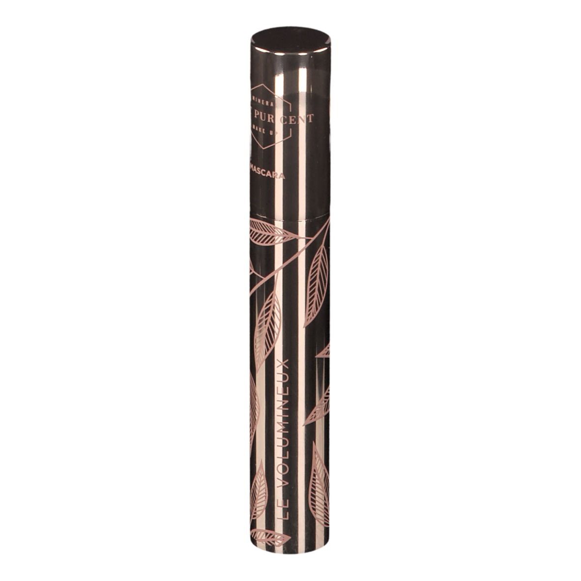 Tube de mascara et emballage. Design rose doré avec feuilles. Texte: LE VOLUMINEUX, CENT PUR CENT.