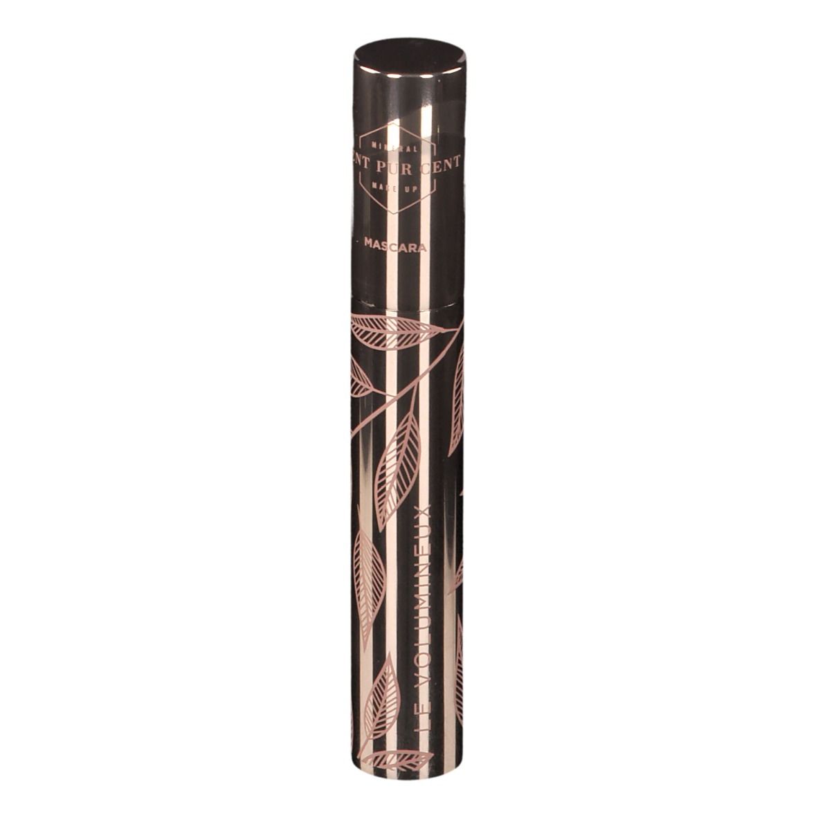Tube de mascara et emballage. Design rose doré avec feuilles. Texte: LE VOLUMINEUX, CENT PUR CENT.