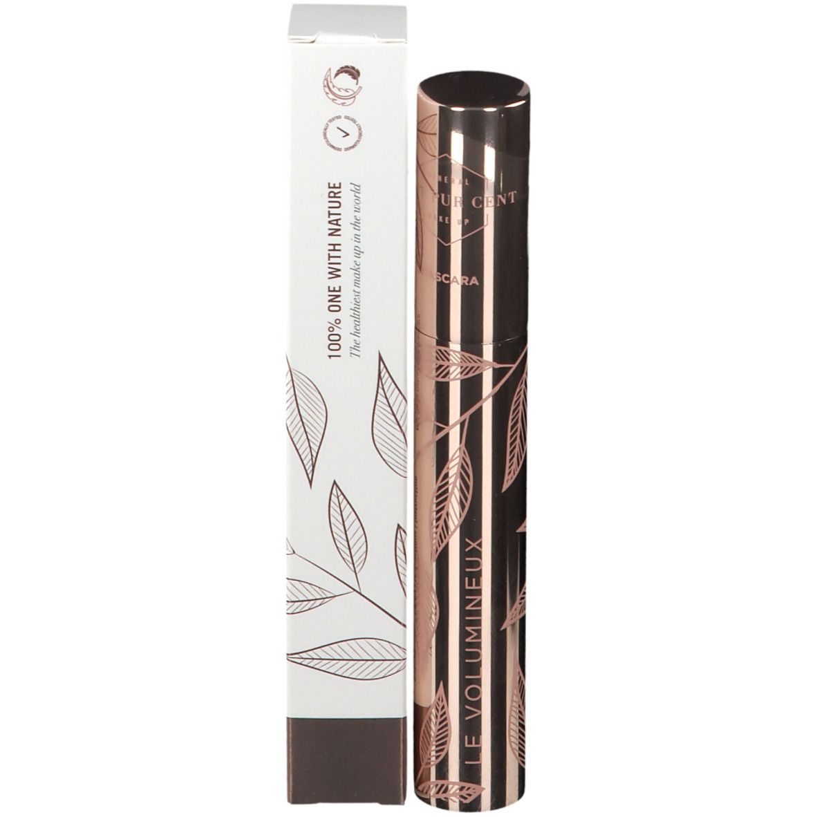 Tube de mascara et emballage. Design rose doré avec feuilles. Texte: LE VOLUMINEUX, 100% ONE WITH NATURE.