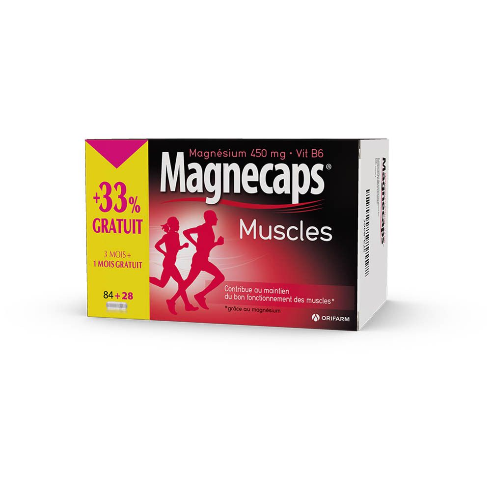 Boîte Magnecaps Muscles. Contient magnésium et vitamine B6. Avec 33% gratuit. Illustration de coureurs.