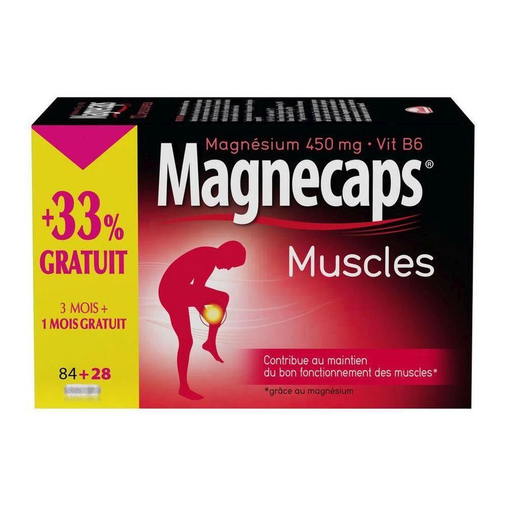 Boîte de Magnecaps Muscles. Contient 84+28 gélules. Inscription : +33% GRATUIT. Contient Magnésium 450 mg + Vit B6.