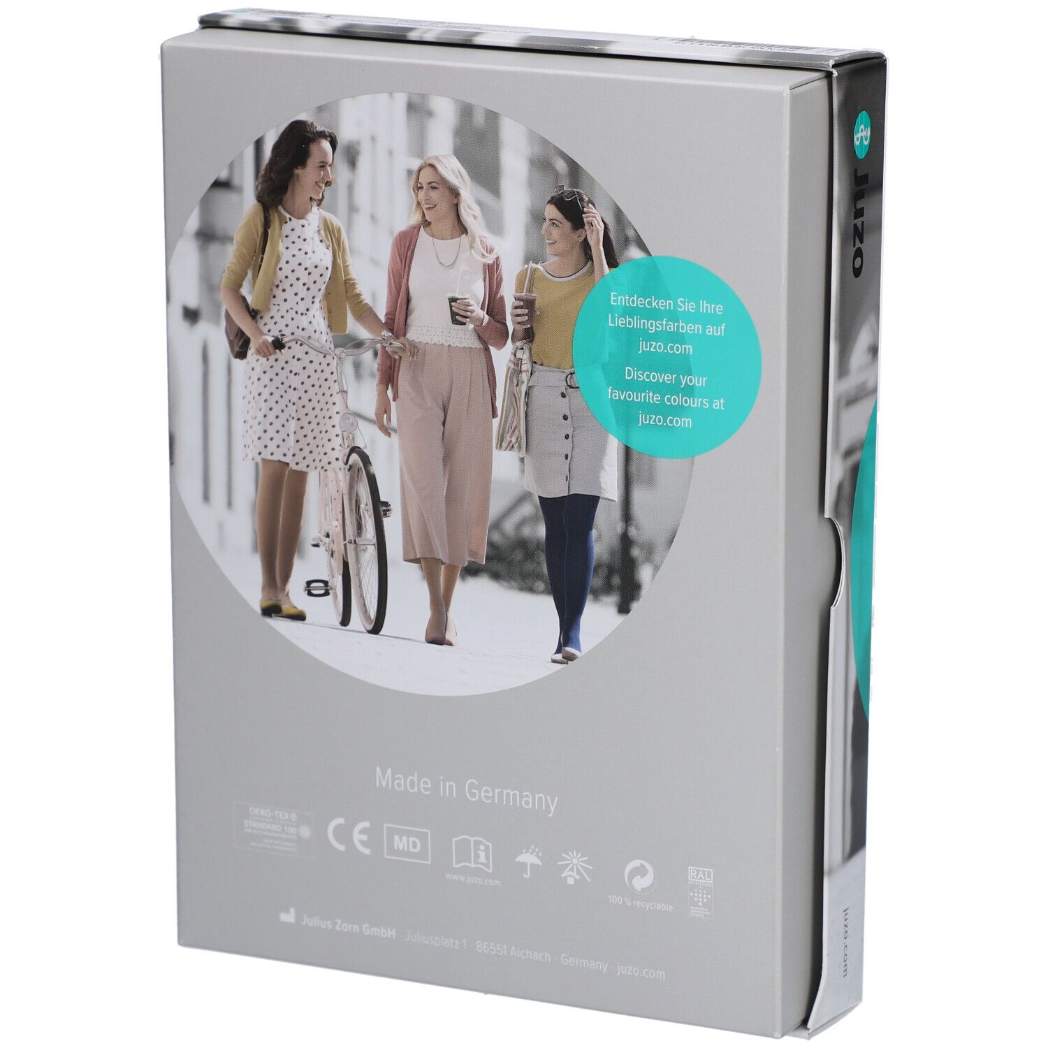 Emballage, dos. Trois femmes, une avec vélo. Texte: Découvrez vos couleurs préférées et juzo.com. Fabriqué en Allemagne. Marquage CE.