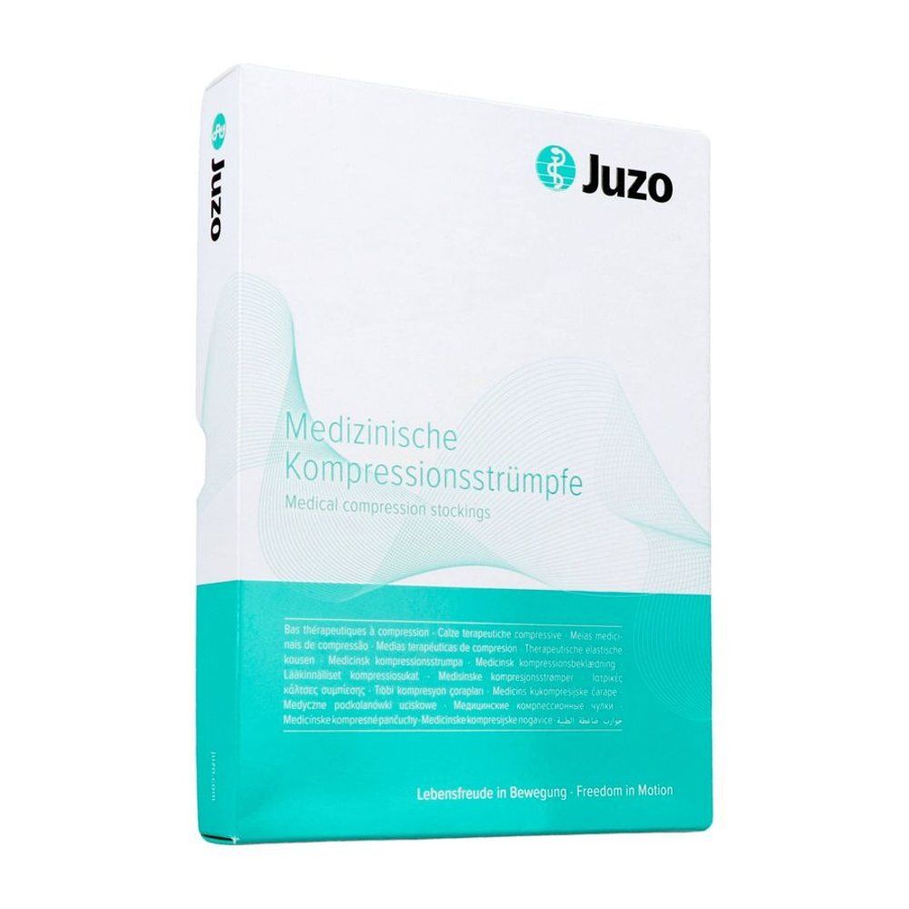 Boîte de bas de compression médicaux Juzo. Blanc et turquoise. Texte : Bas de compression médicaux. Logo Juzo.