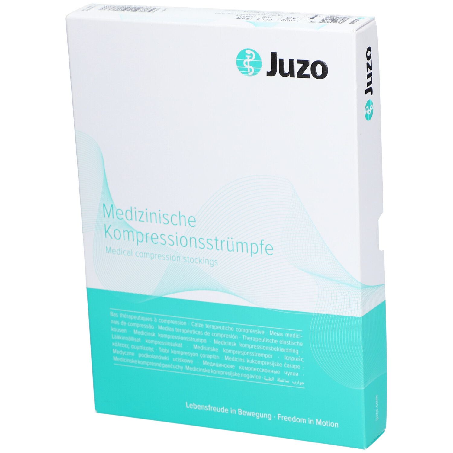 Boîte Juzo. Texte: Bas de compression médicaux. Couleurs: blanc et turquoise. Inscriptions multilingues.