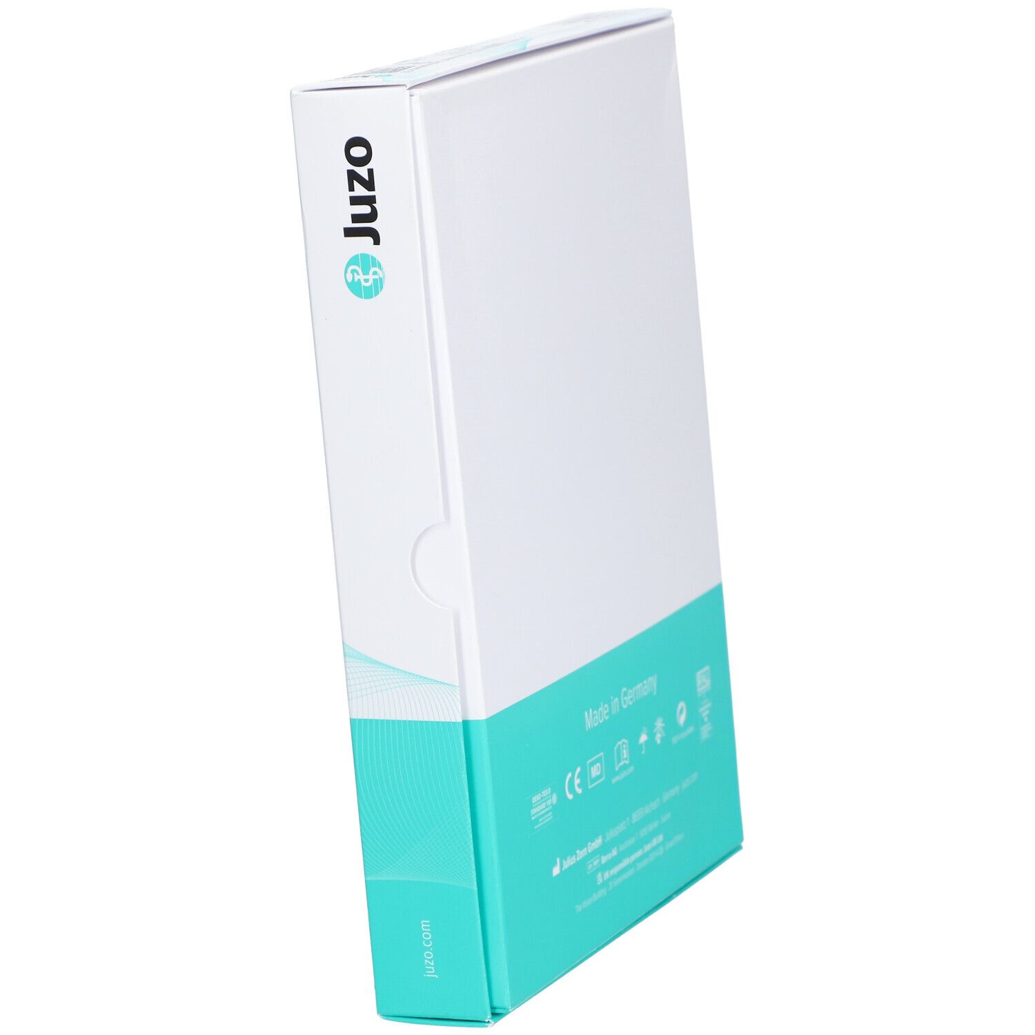 Boîte Juzo en biais. Texte: Fabriqué en Allemagne. Couleurs: blanc et turquoise. Certifications.