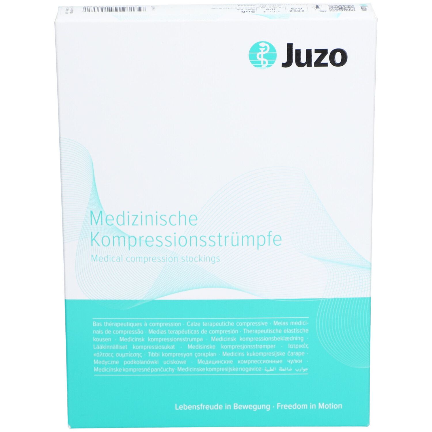 Boîte Juzo. Texte: Bas de compression médicaux. Couleurs: blanc et turquoise. Inscriptions multilingues.