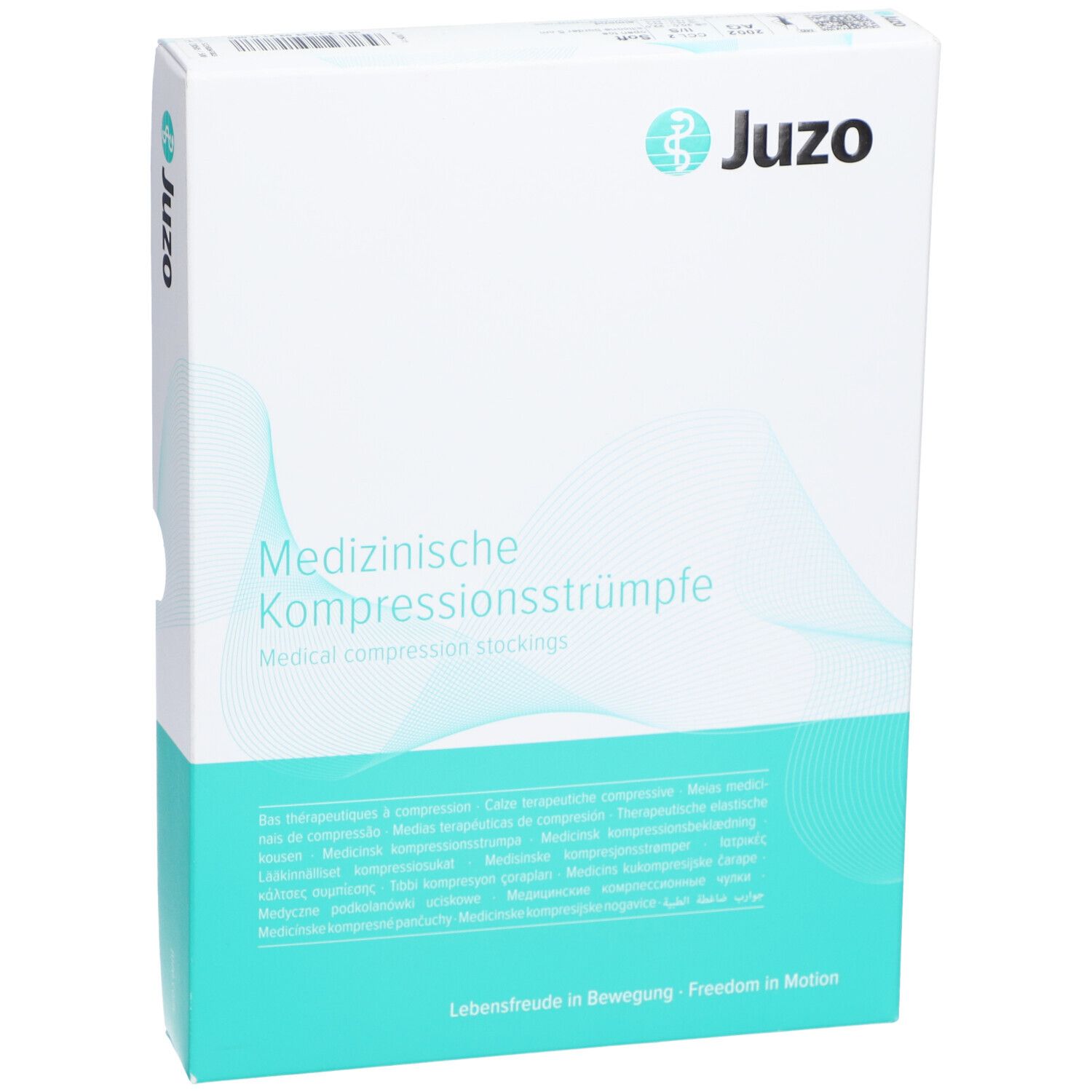 Boîte Juzo. Texte: Bas de compression médicaux. Couleurs: blanc et turquoise. Inscriptions multilingues.