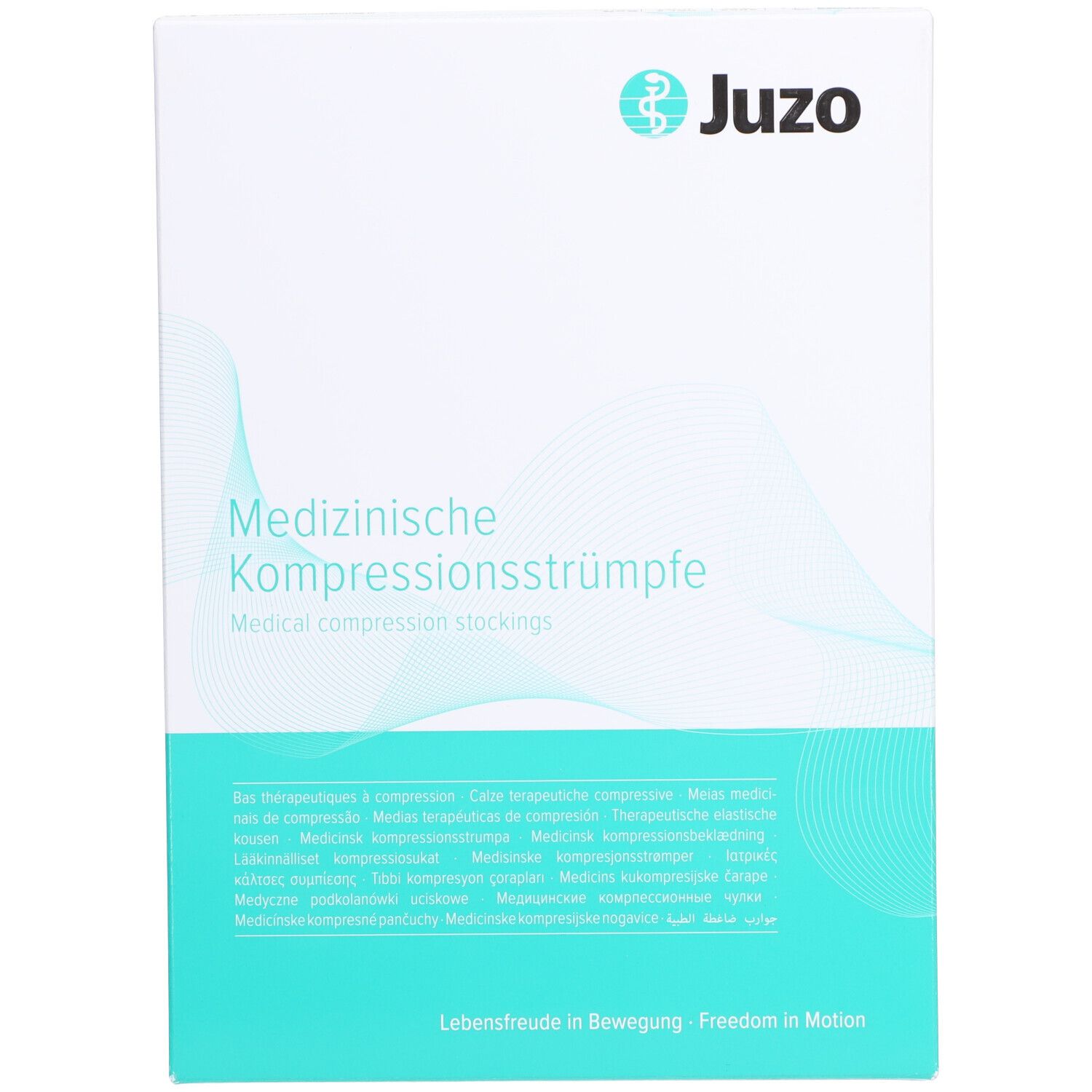 Boîte de bas de compression Juzo. Texte en allemand et anglais. Logo Juzo. Fond turquoise et blanc.