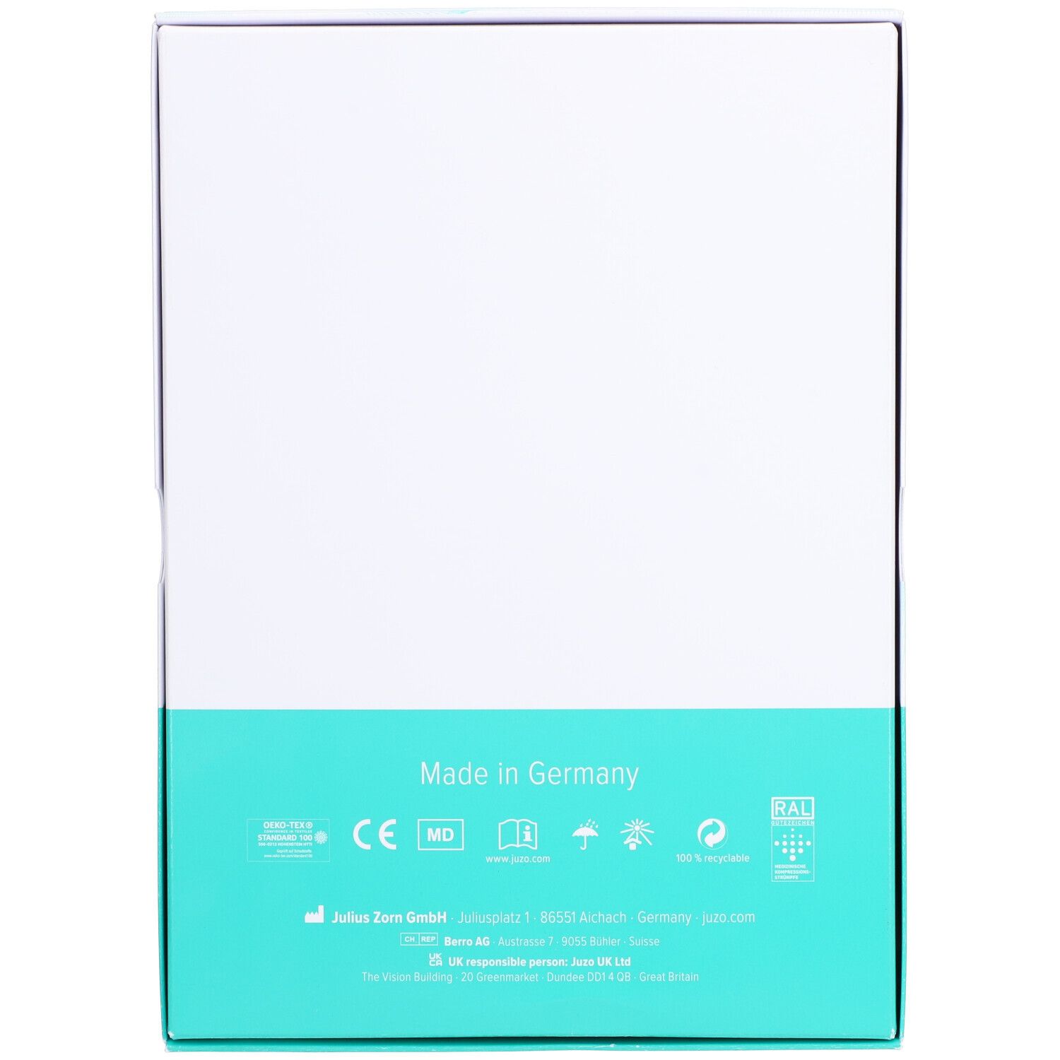 Dos de la boîte Juzo. Texte "Made in Germany". Logos et informations. Fond turquoise et blanc.