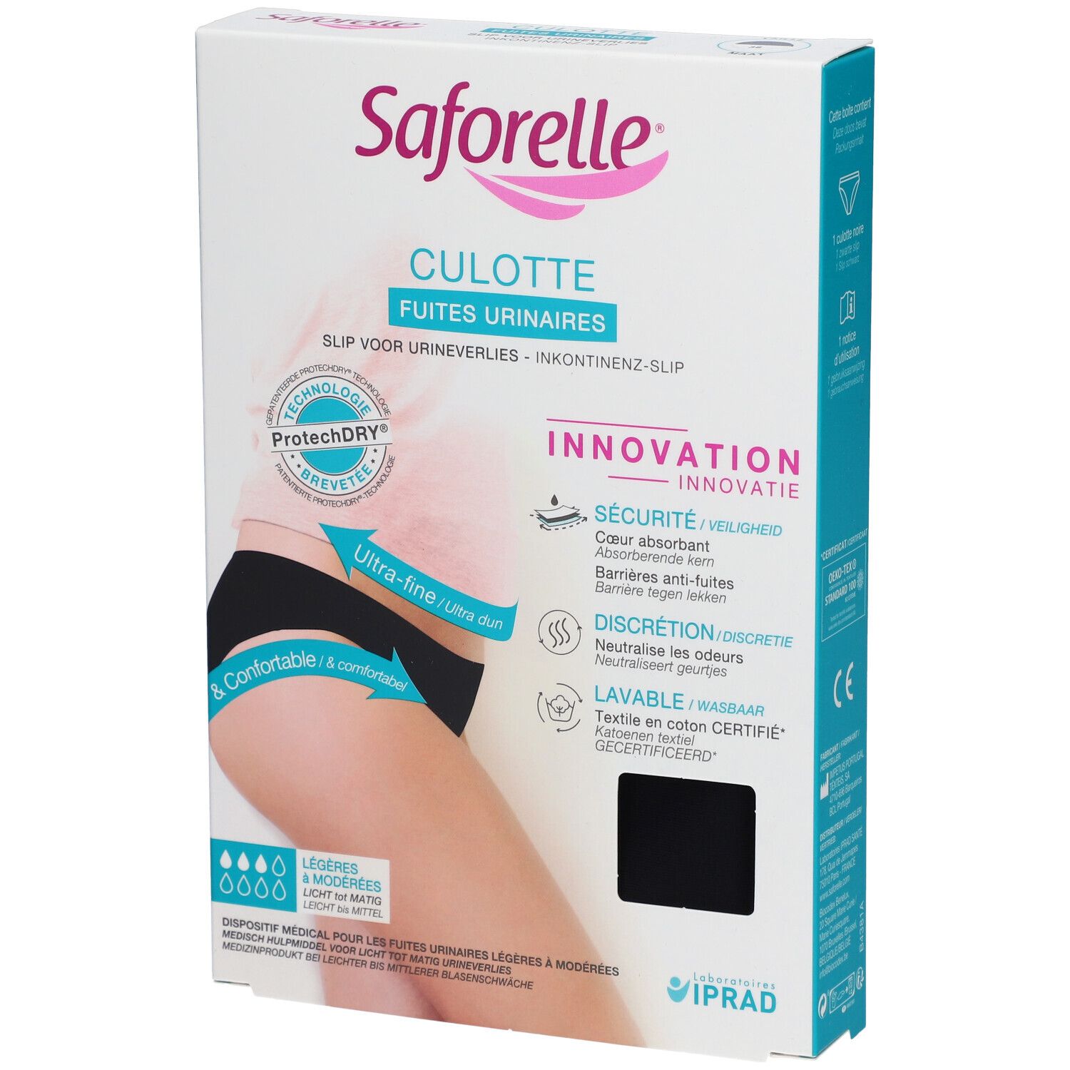 Boîte Saforelle Culotte Ultra Absorbante. Slip noir, taille 38, avec informations produit et logo. Protection contre les fuites urinaires.