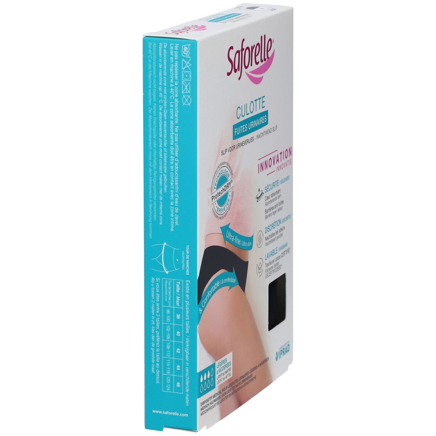 Vue latérale de la boîte Saforelle Culotte Ultra Absorbante. Informations produit et logo. Slip noir, taille 38. Pour fuites urinaires.