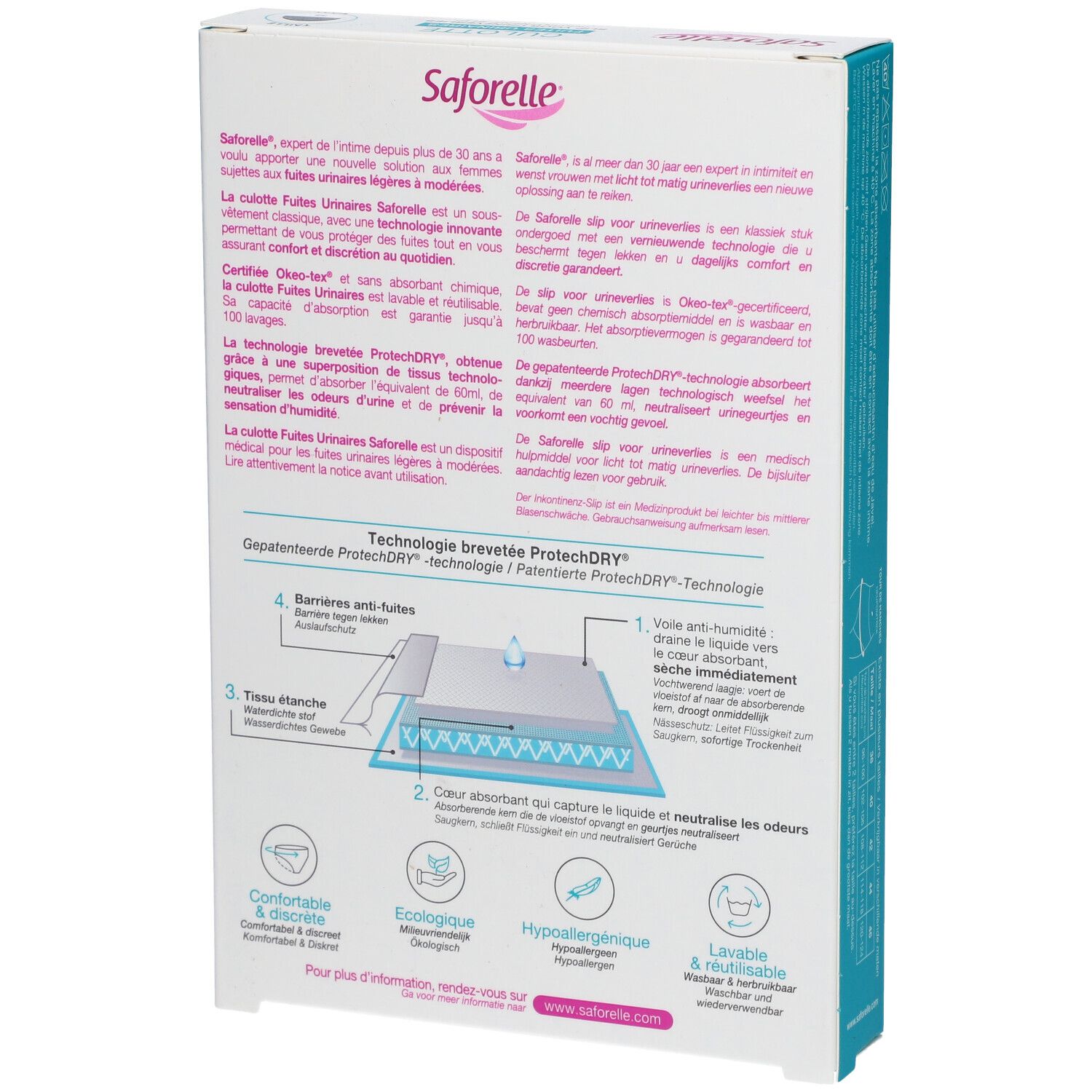 Dos de la boîte Saforelle Culotte Ultra Absorbante. Description du produit, technologie, certifications et logo. Pour fuites urinaires.