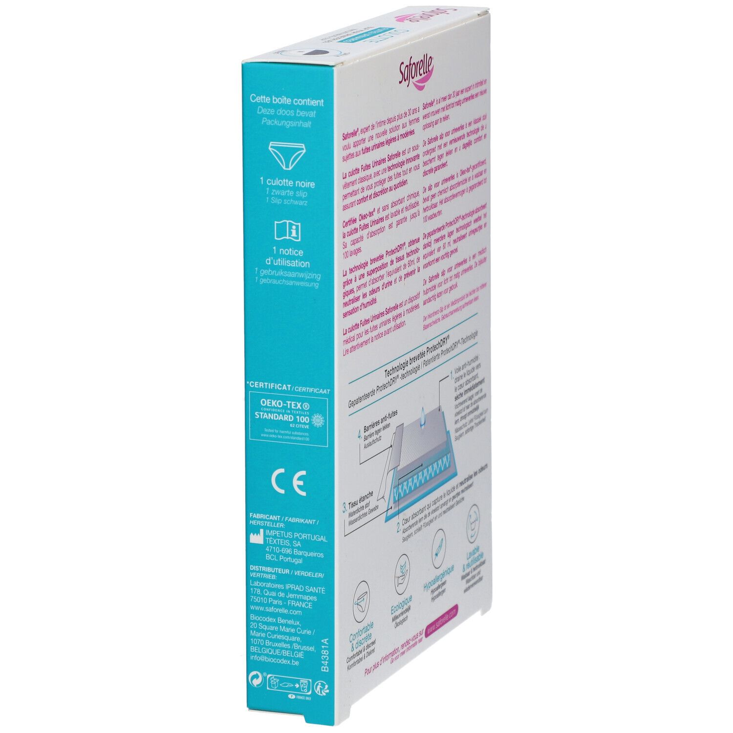 Vue latérale de la boîte Saforelle Culotte Ultra Absorbante. Informations produit, certifications et logo. Contenu.