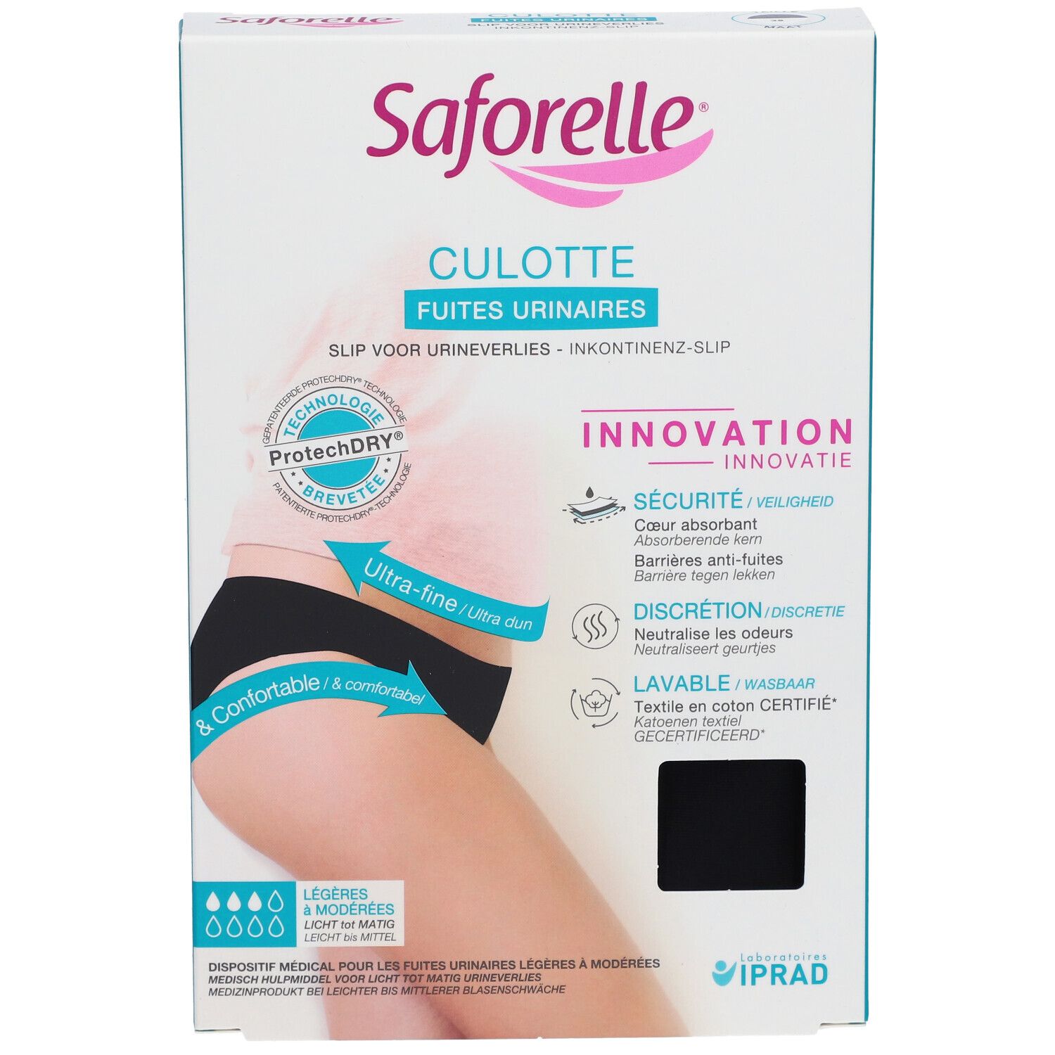 Vue de face de la boîte Saforelle Culotte Ultra Absorbante. Slip noir, taille 38, avec informations produit et logo. Pour fuites urinaires.
