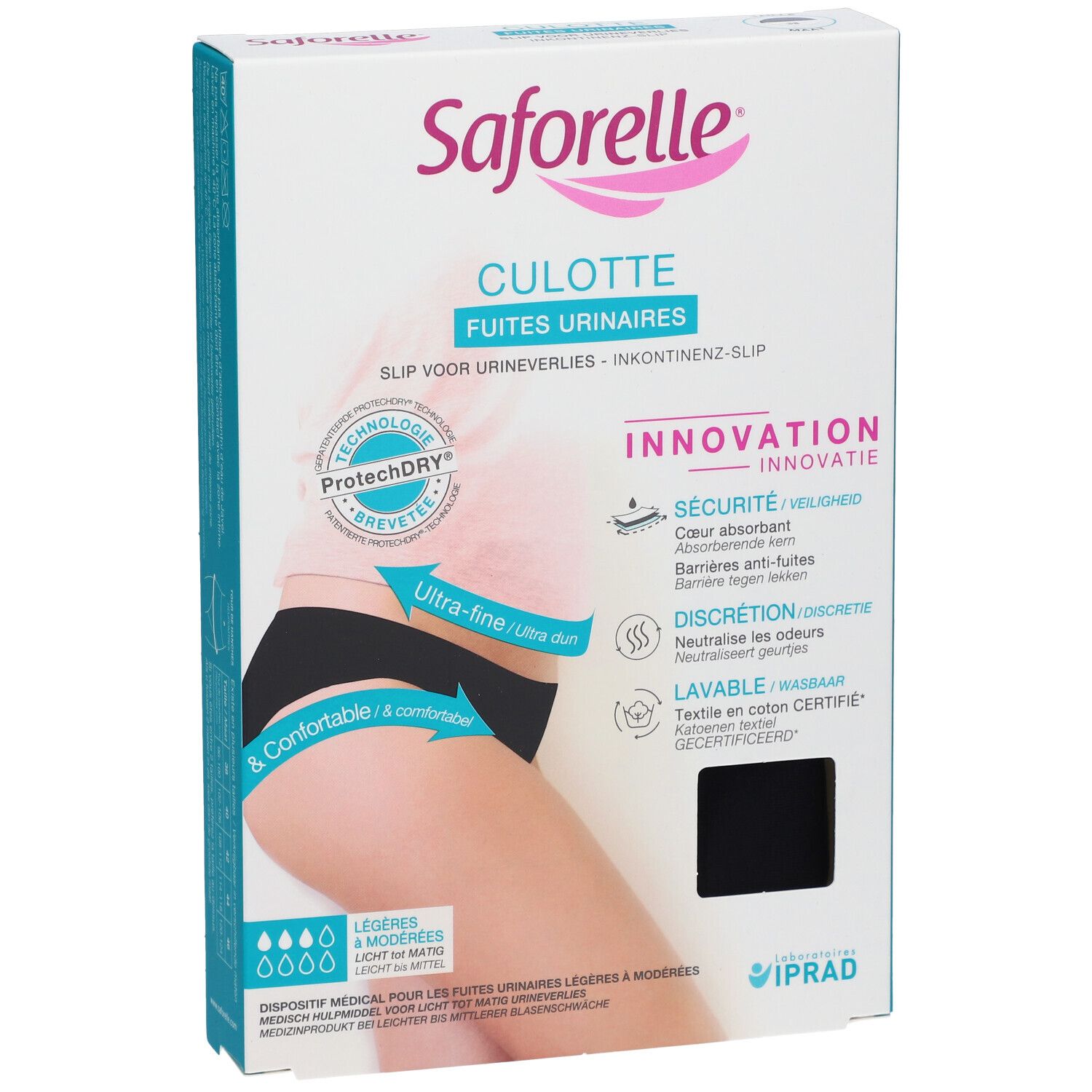 Vue de face de la boîte Saforelle Culotte Ultra Absorbante. Slip noir, taille 38, avec informations produit et logo. Pour fuites urinaires.