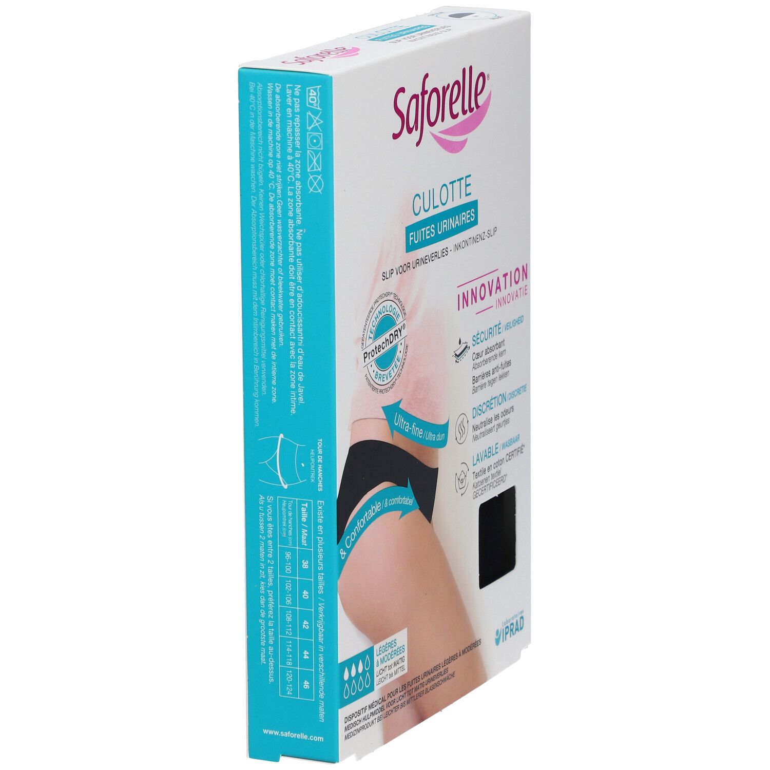 Vue latérale de la boîte Saforelle Culotte Ultra Absorbante. Nom du produit et marque clairement visibles. Taille 44.