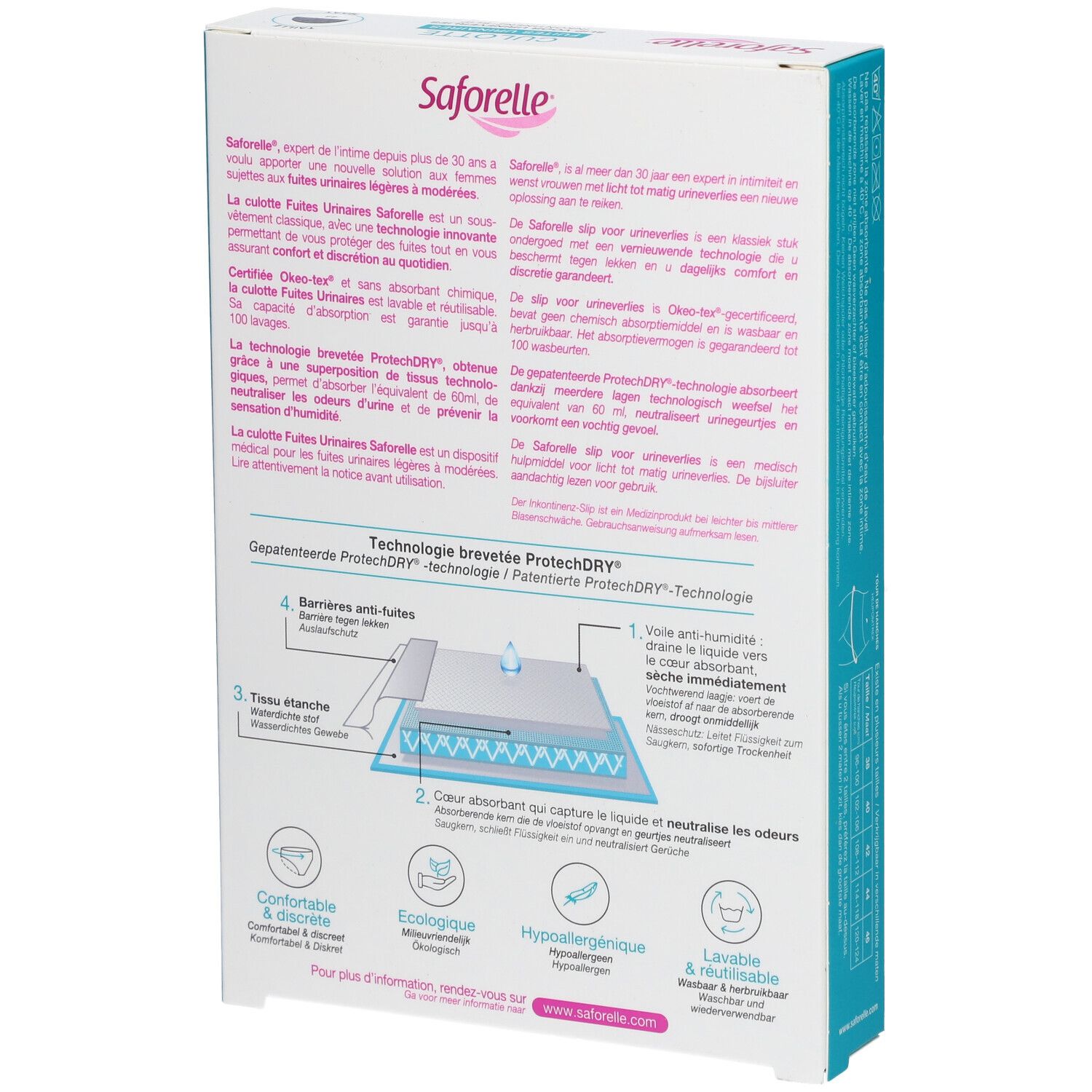 Dos de la boîte Saforelle Culotte Ultra Absorbante. Informations produit et détails techniques. Marque visible.