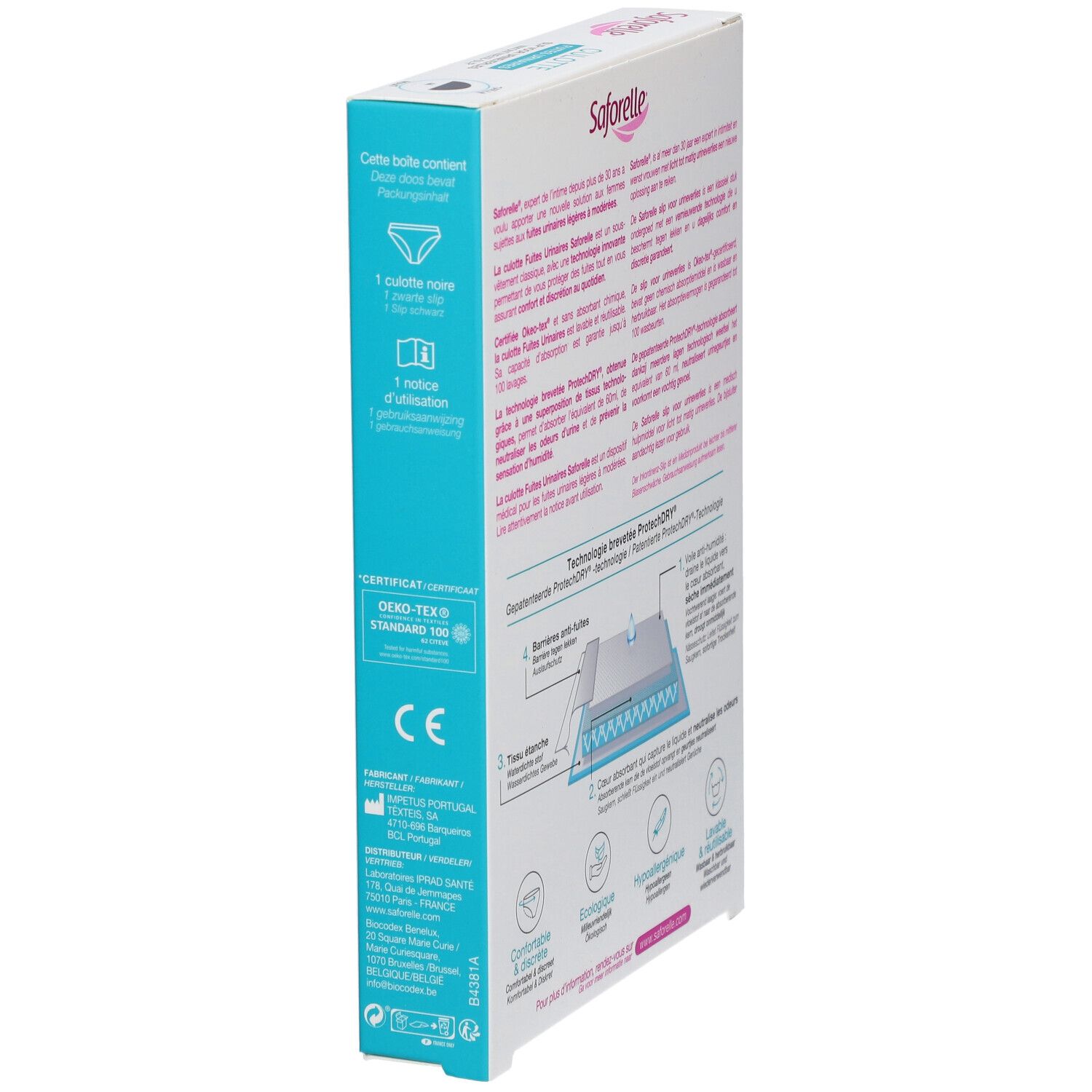 Vue latérale de la boîte Saforelle Culotte Ultra Absorbante. Informations produit et certifications. Marque visible.
