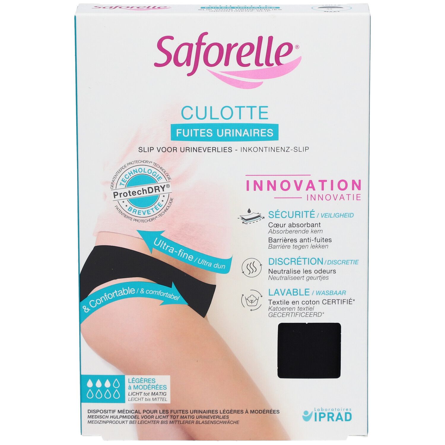 Boîte Saforelle Culotte Ultra Absorbante. Slip d'incontinence noir, taille 44. Marque et nom du produit visibles.