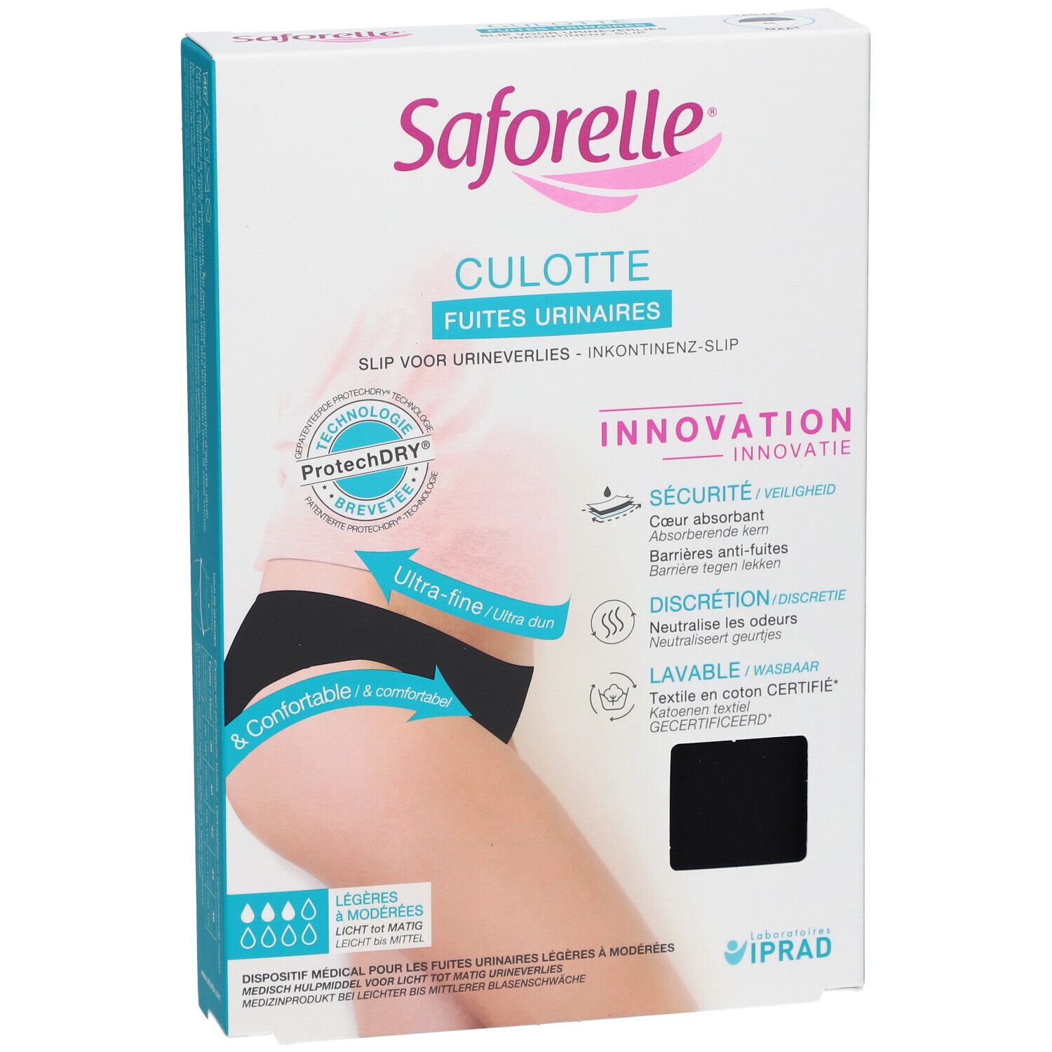 Boîte Saforelle Culotte Ultra Absorbante. Slip d'incontinence noir, taille 44. Marque et nom du produit visibles.