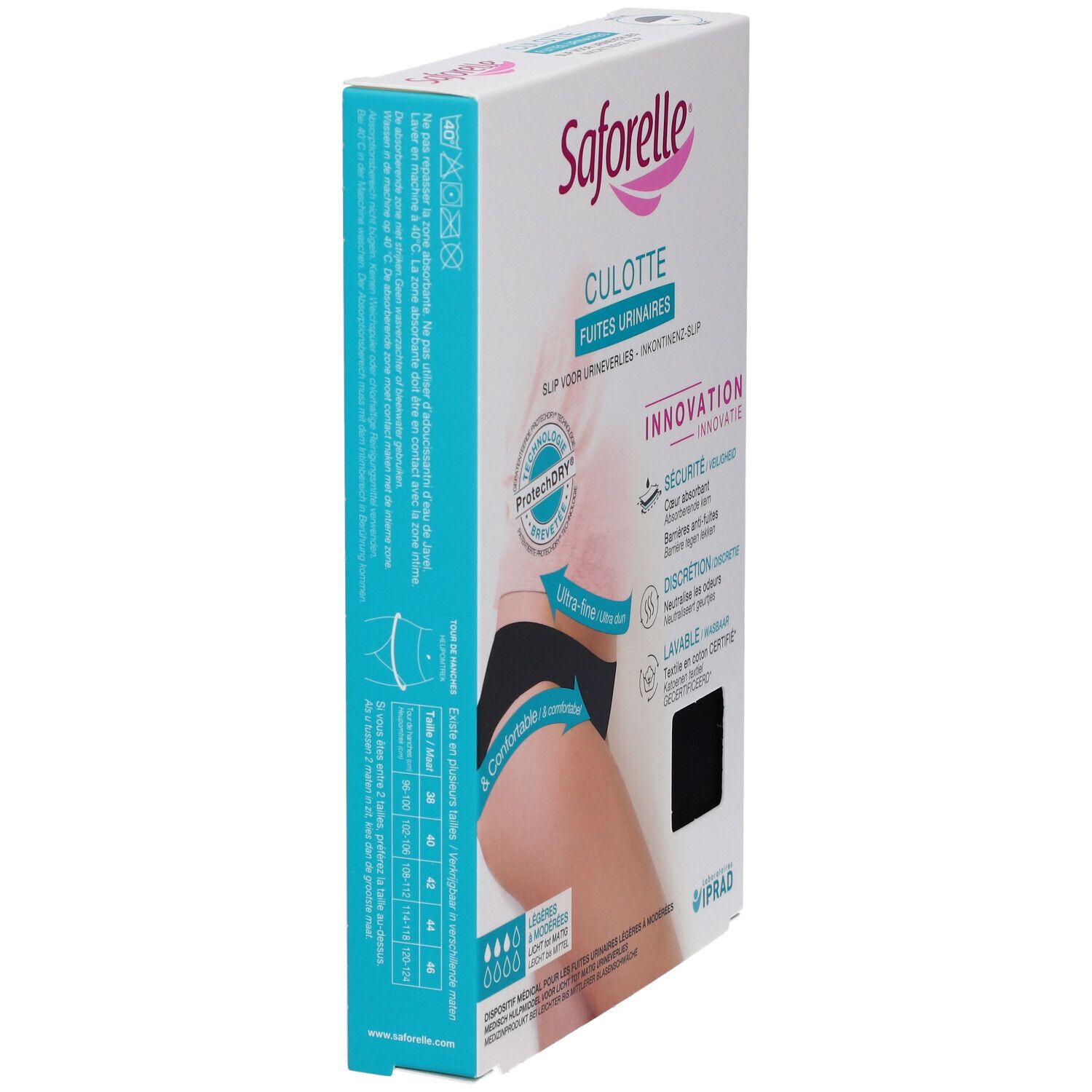 Boîte Saforelle Culotte Ultra Absorbante, vue latérale. Texte : Culotte Fuites Urinaires. Indications de tailles.