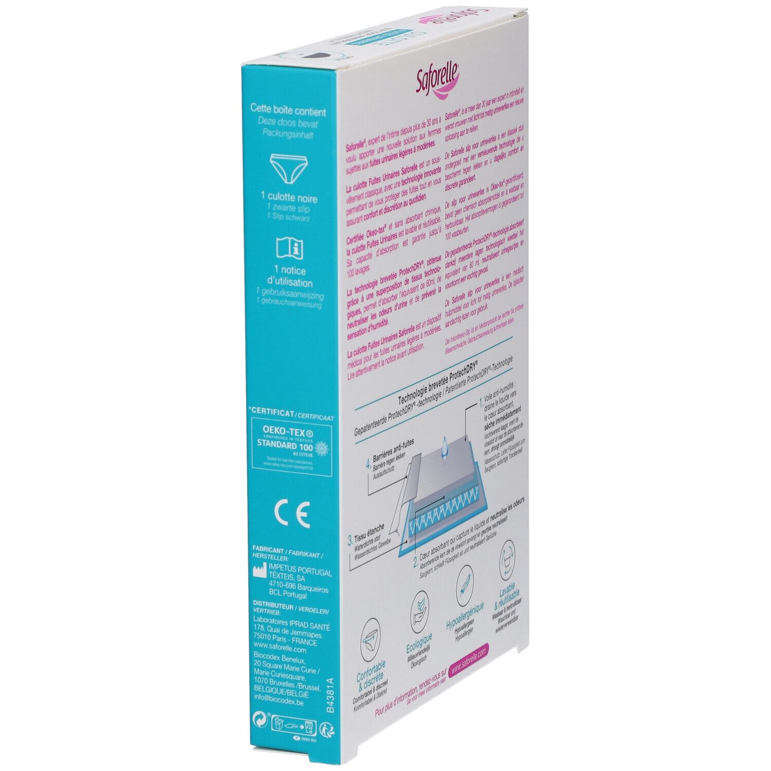 Vue latérale de la boîte Saforelle Culotte Ultra Absorbante. Texte : Culotte Fuites Urinaires. Certifications.