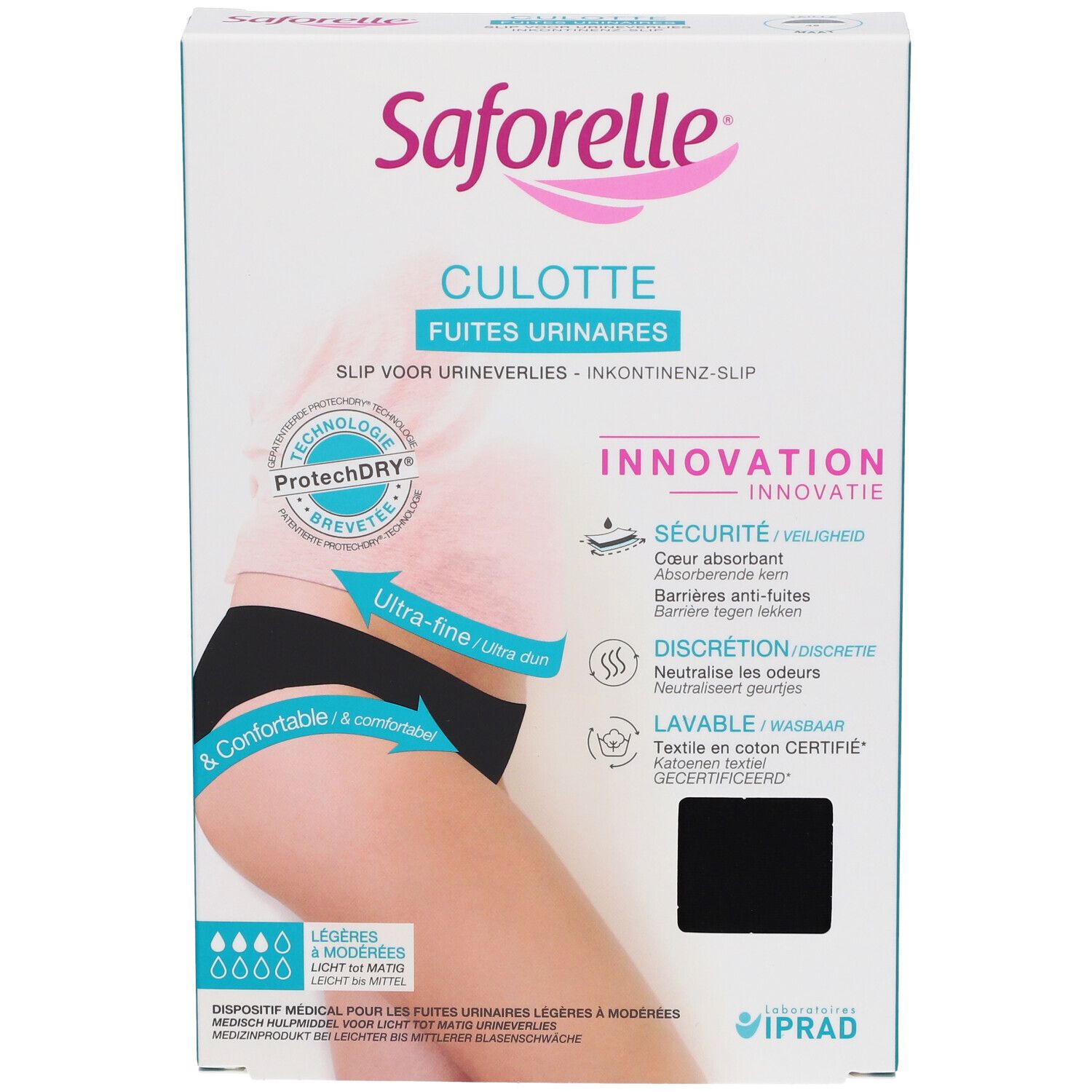 Boîte Saforelle Culotte Ultra Absorbante. Culotte noire sur l'emballage. Texte : Culotte Fuites Urinaires.