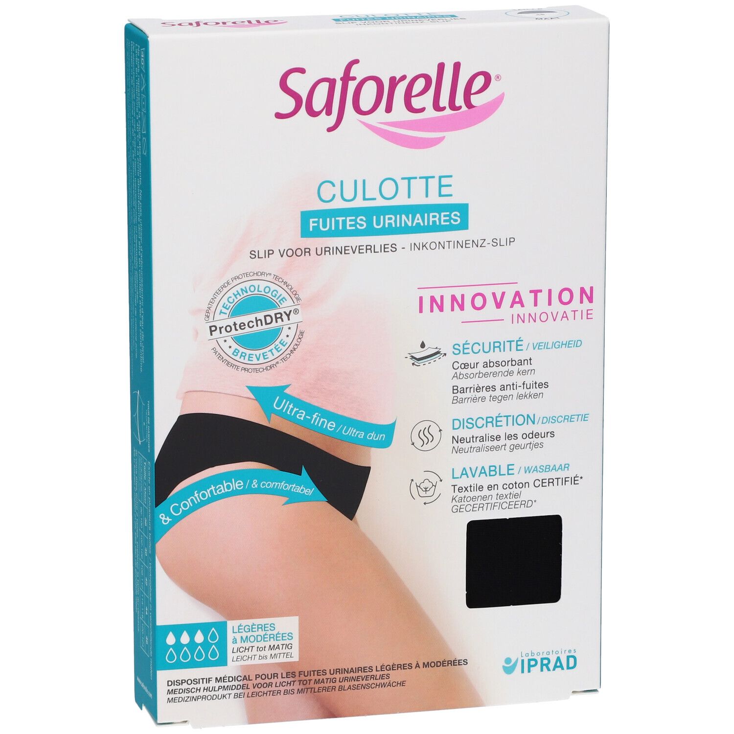 Boîte Saforelle Culotte Ultra Absorbante. Culotte noire sur l'emballage. Texte : Culotte Fuites Urinaires.