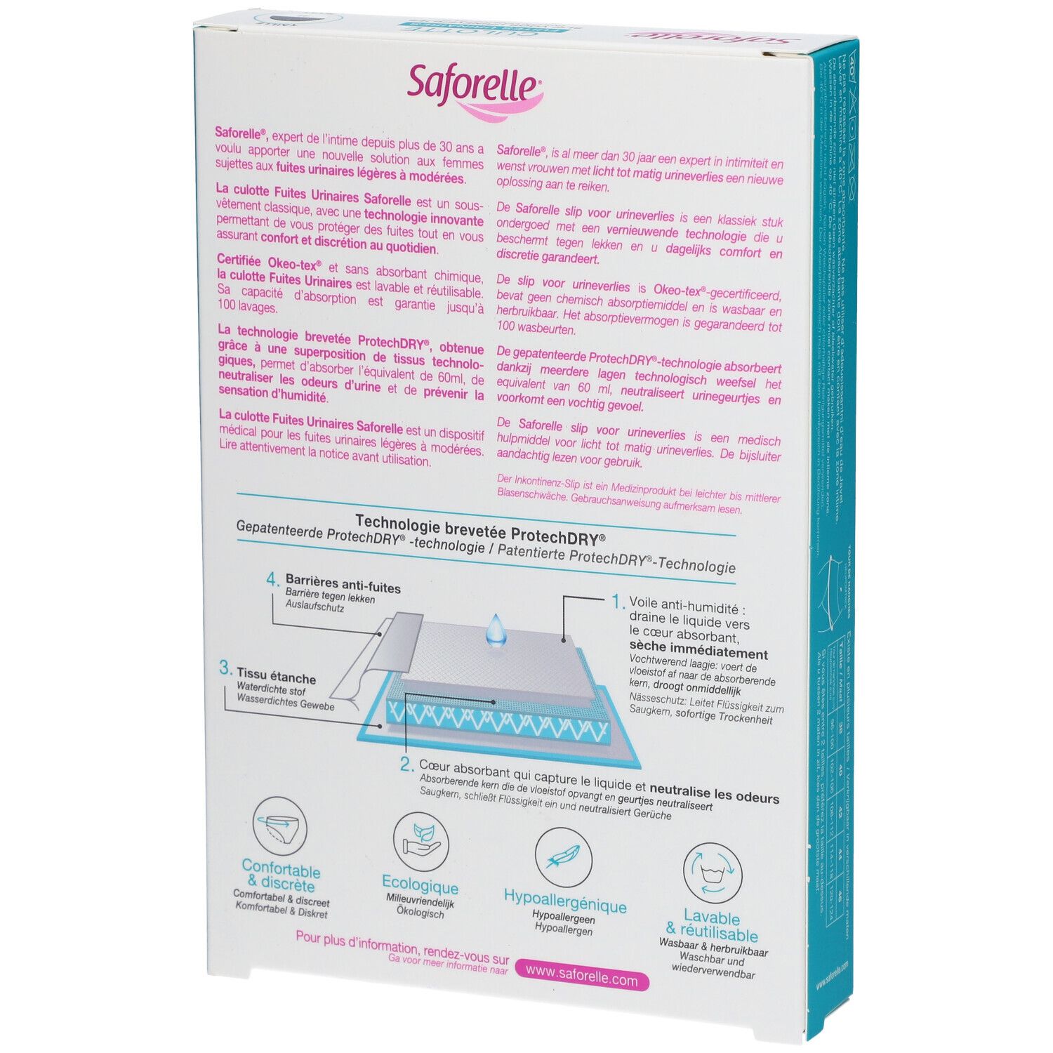 Dos de la boîte Saforelle Culotte. Texte et illustrations décrivent le produit.