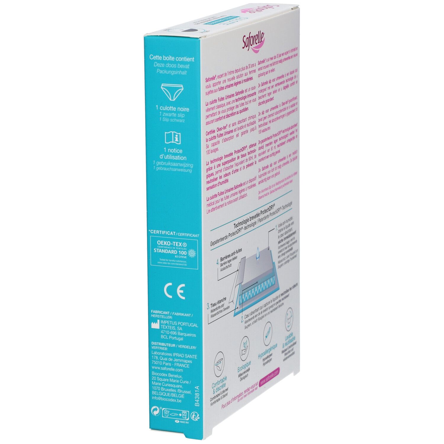 Vue latérale de la boîte Saforelle Culotte. Informations produit et certifications.