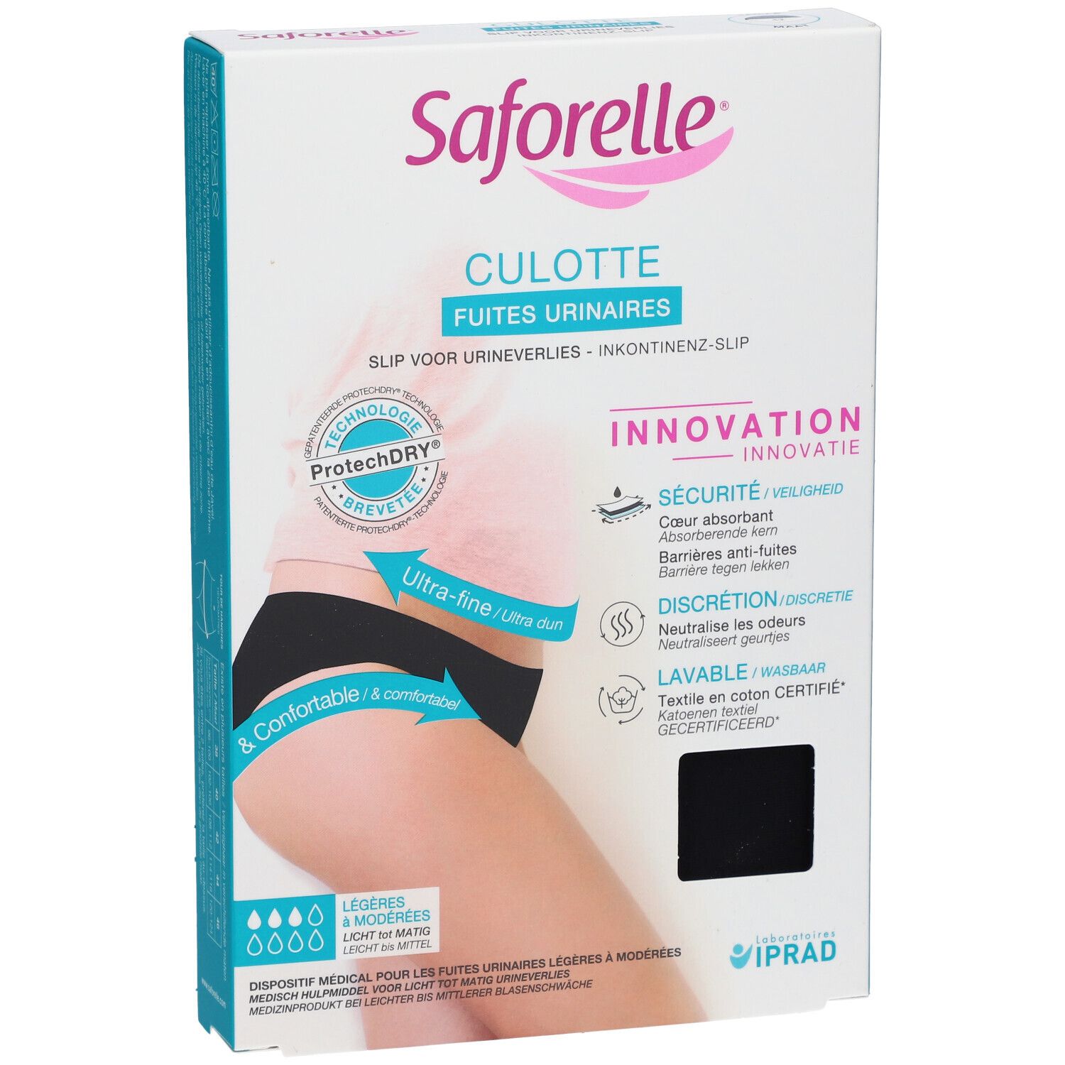 Boîte Saforelle Culotte. Slip noir pour fuites urinaires. Marque et nom du produit.