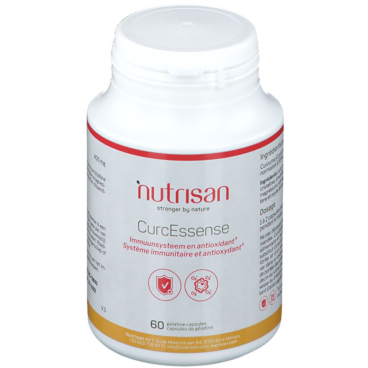 Flacon blanc de gélules. Inscription: Nutrisan CurcEssense. 60 gélules. Soutien immunitaire et antioxydant.