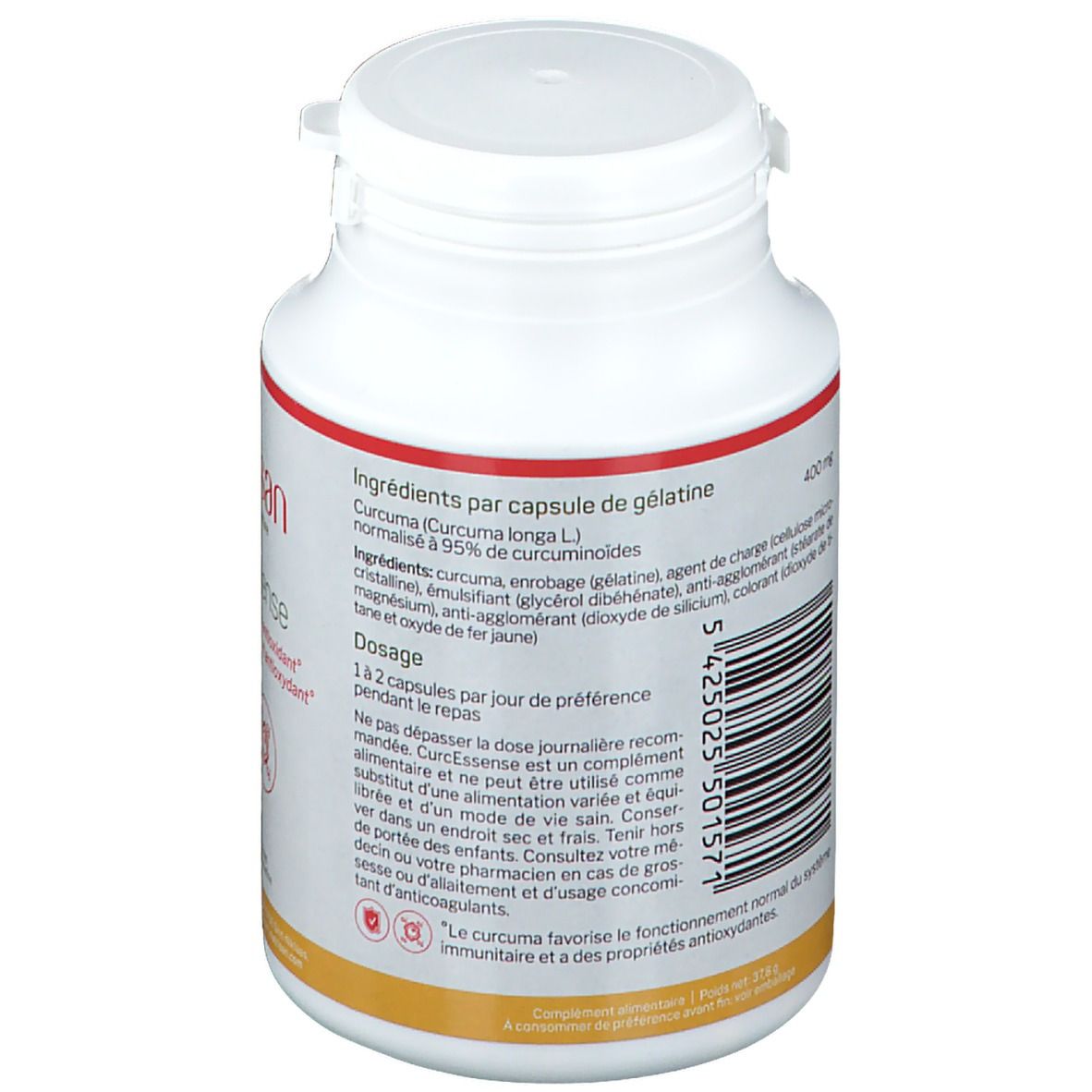 Dos du flacon blanc. Liste des ingrédients et posologie. Code-barres et avertissements.