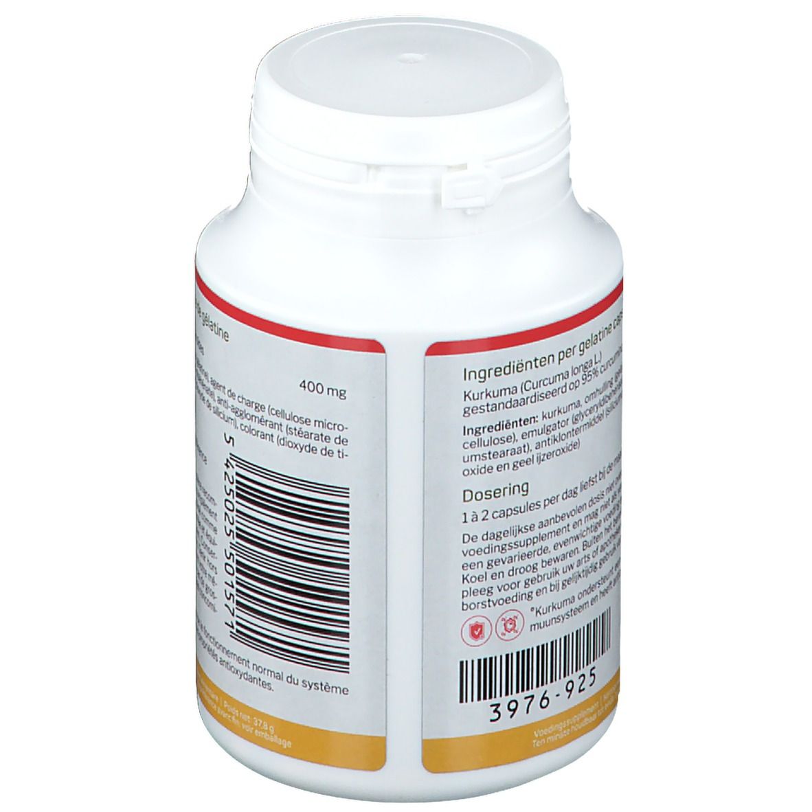 Dos du flacon blanc. Liste des ingrédients et posologie. Code-barres et avertissements.