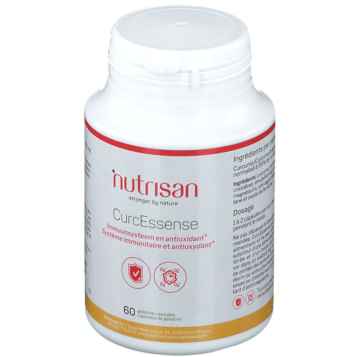 Flacon blanc de gélules. Inscription: Nutrisan CurcEssense. 60 gélules. Soutien immunitaire et antioxydant.