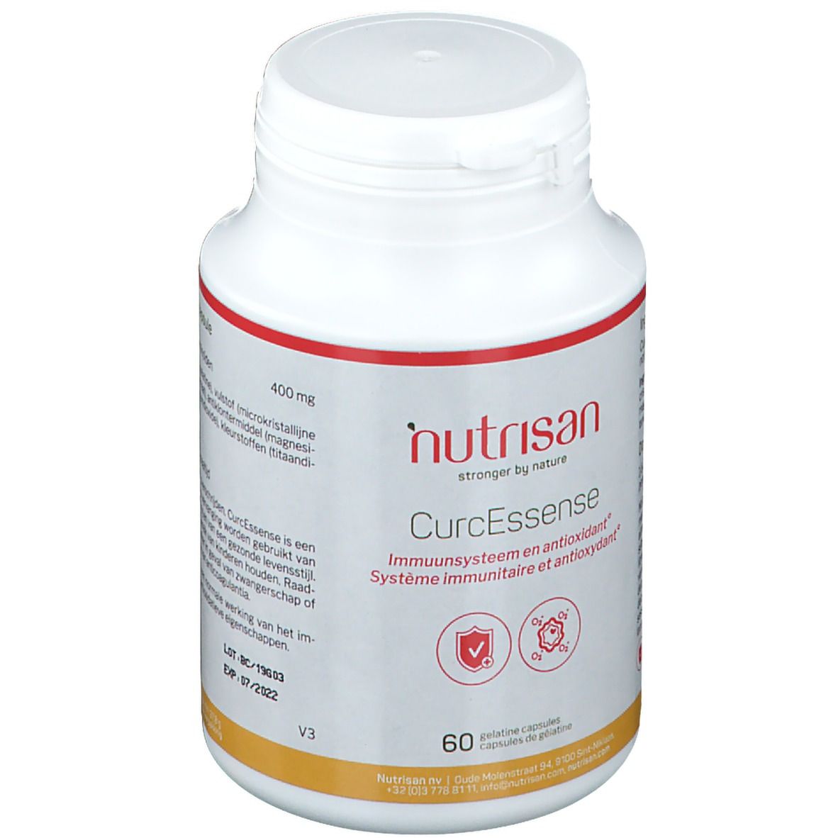 Flacon blanc de gélules. Inscription: Nutrisan CurcEssense. 60 gélules. Soutien immunitaire et antioxydant.